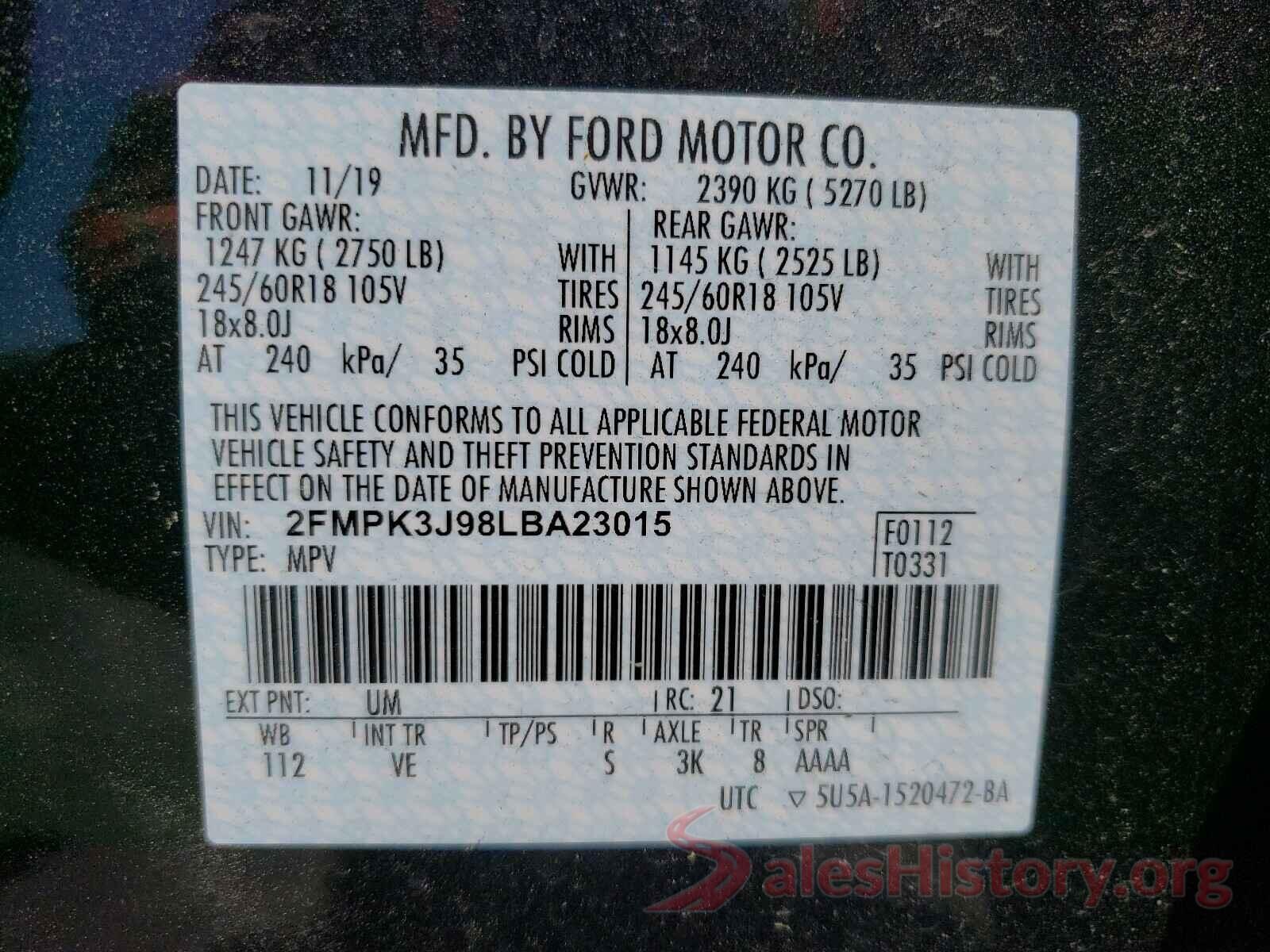 2FMPK3J98LBA23015 2020 FORD EDGE