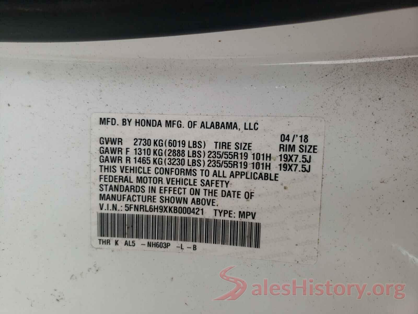 5FNRL6H9XKB000421 2019 HONDA ODYSSEY