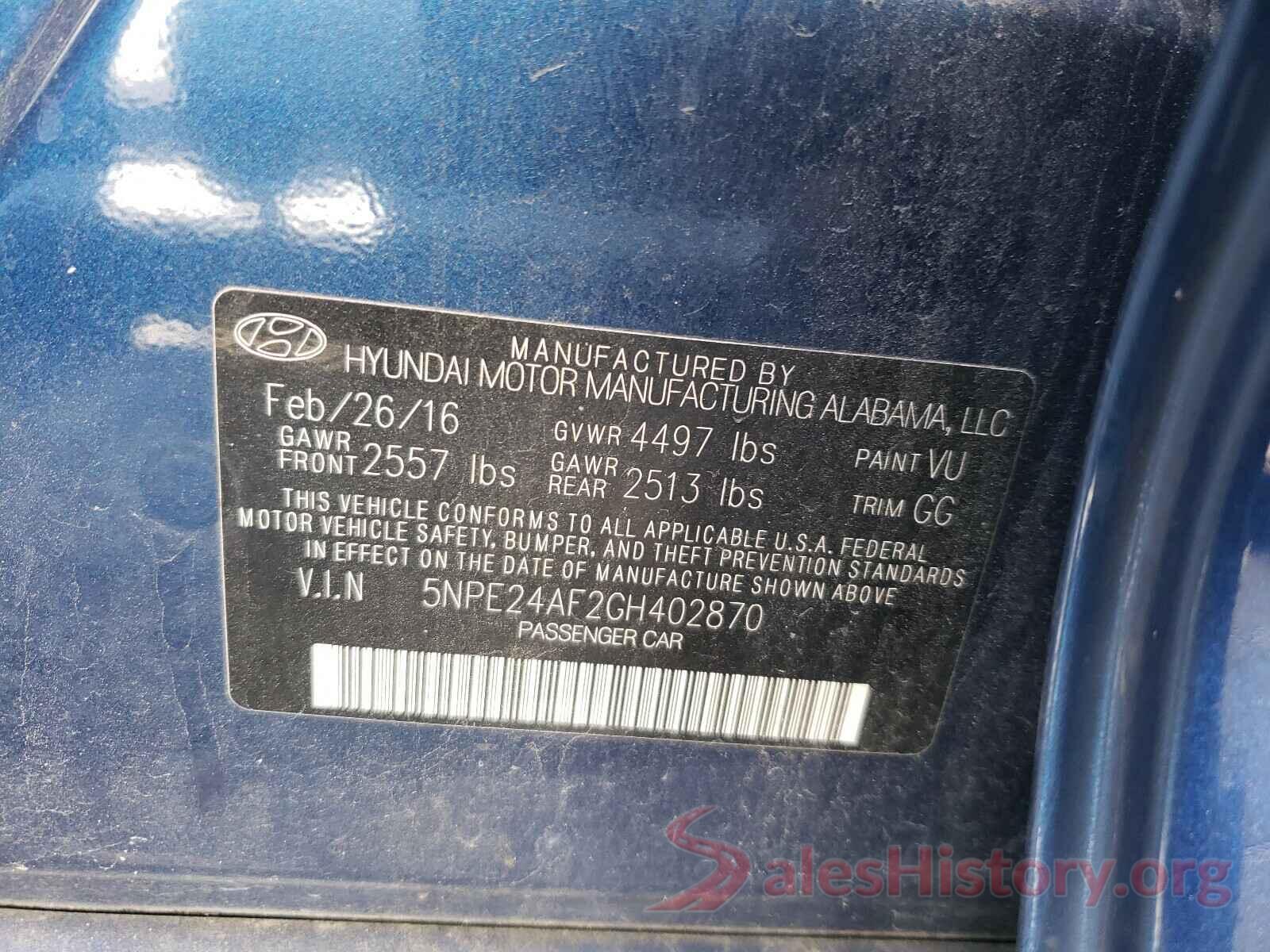 5NPE24AF2GH402870 2016 HYUNDAI SONATA