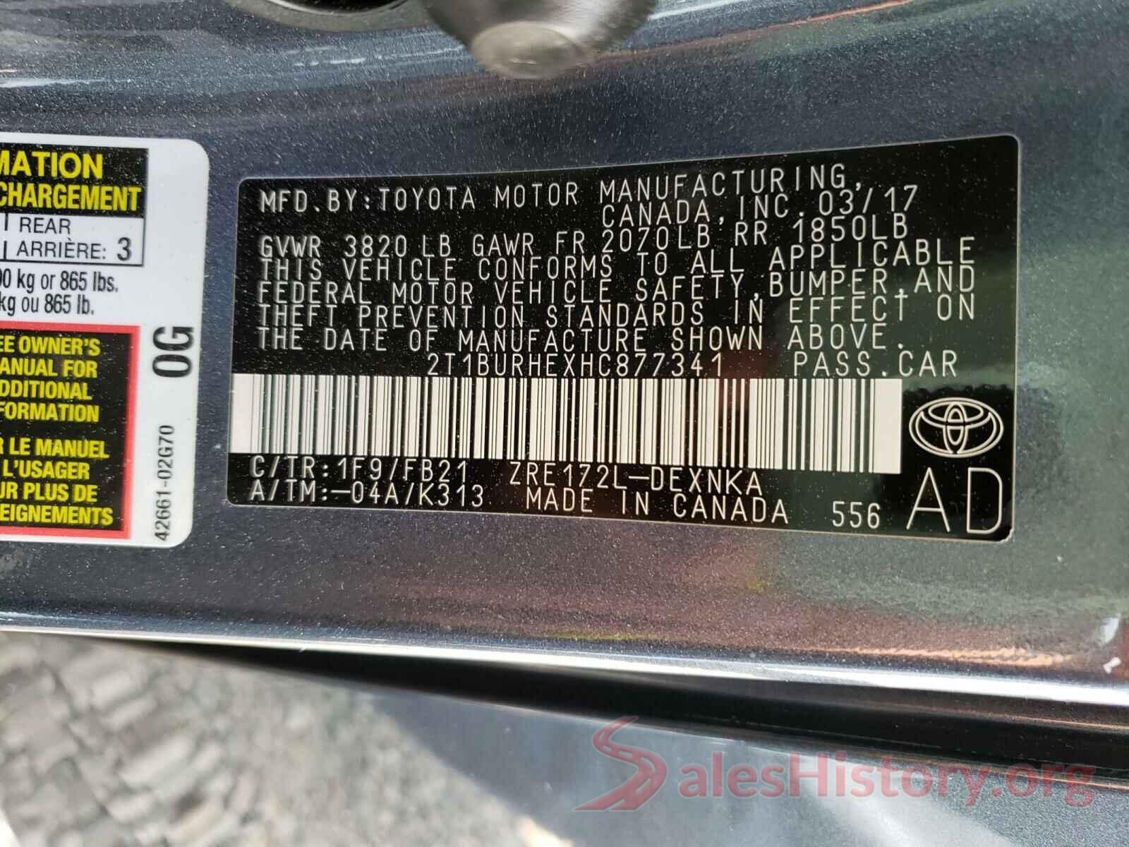 2T1BURHEXHC877341 2017 TOYOTA COROLLA