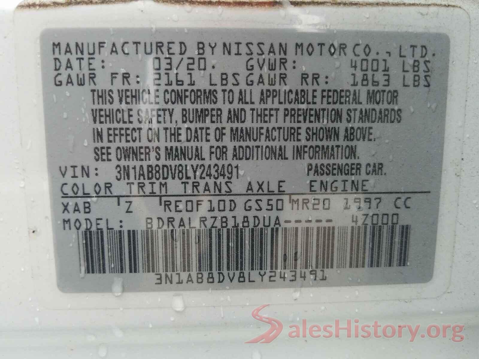 3N1AB8DV8LY243491 2020 NISSAN SENTRA