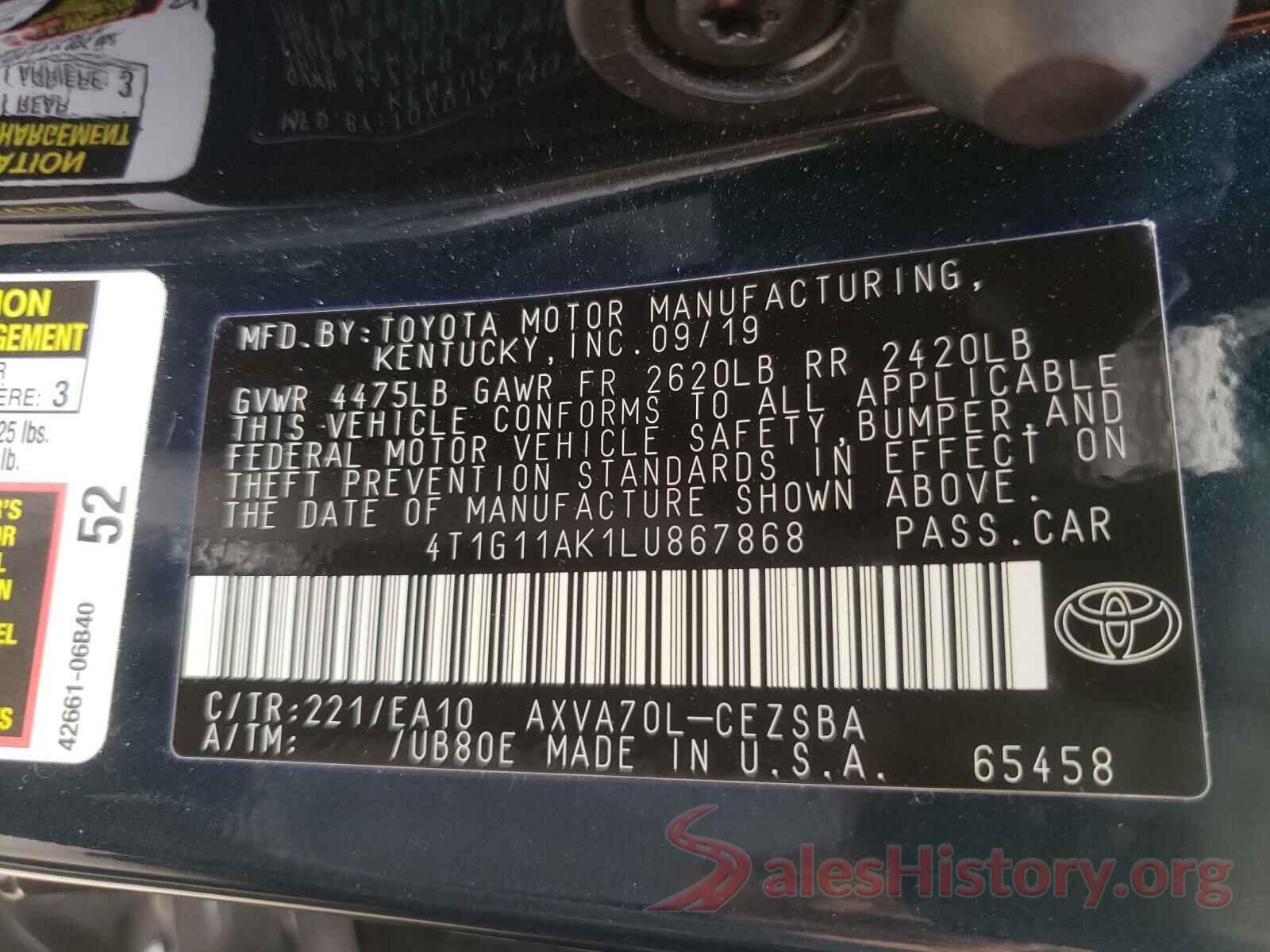 4T1G11AK1LU867868 2020 TOYOTA CAMRY