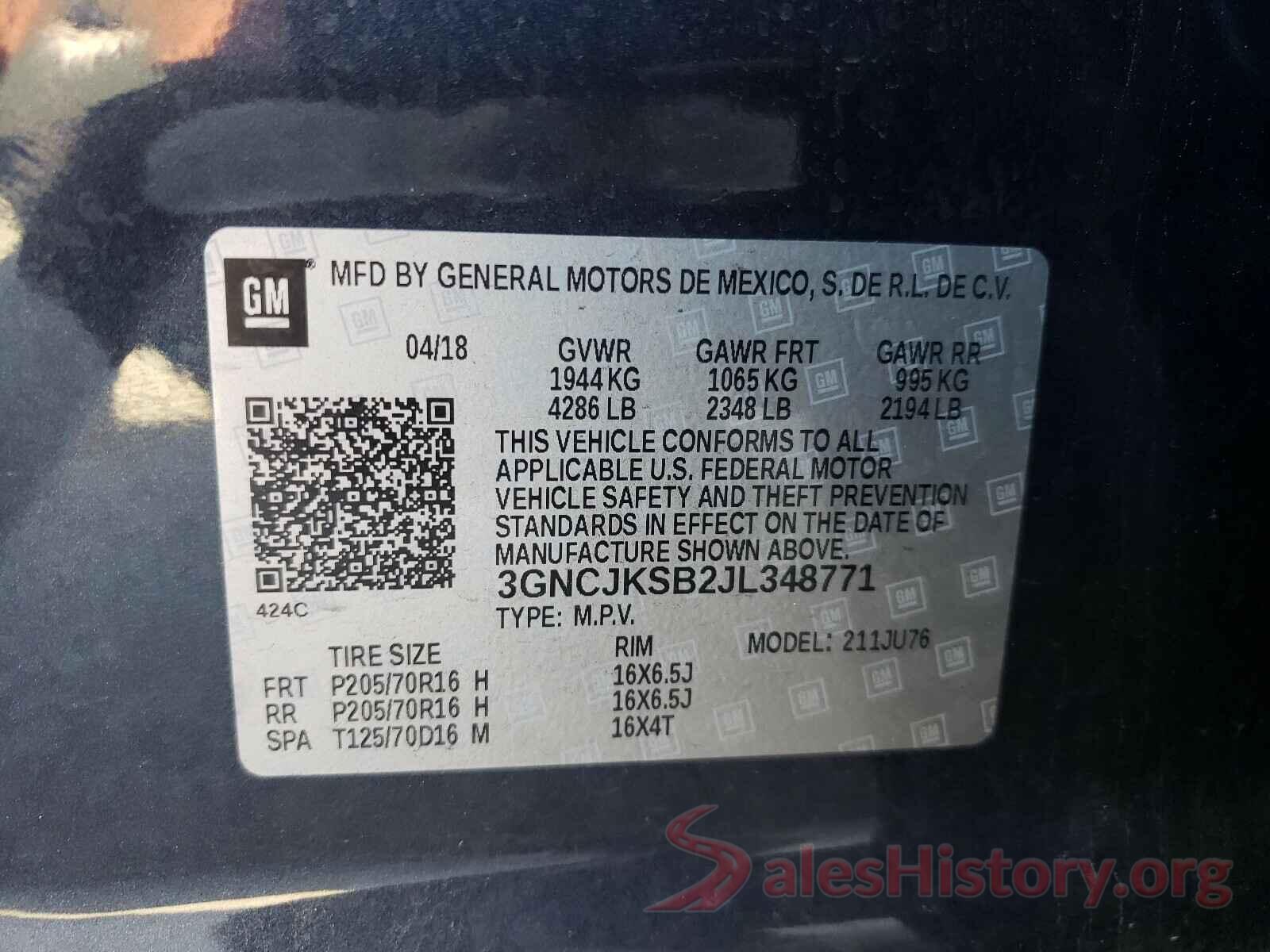 3GNCJKSB2JL348771 2018 CHEVROLET TRAX