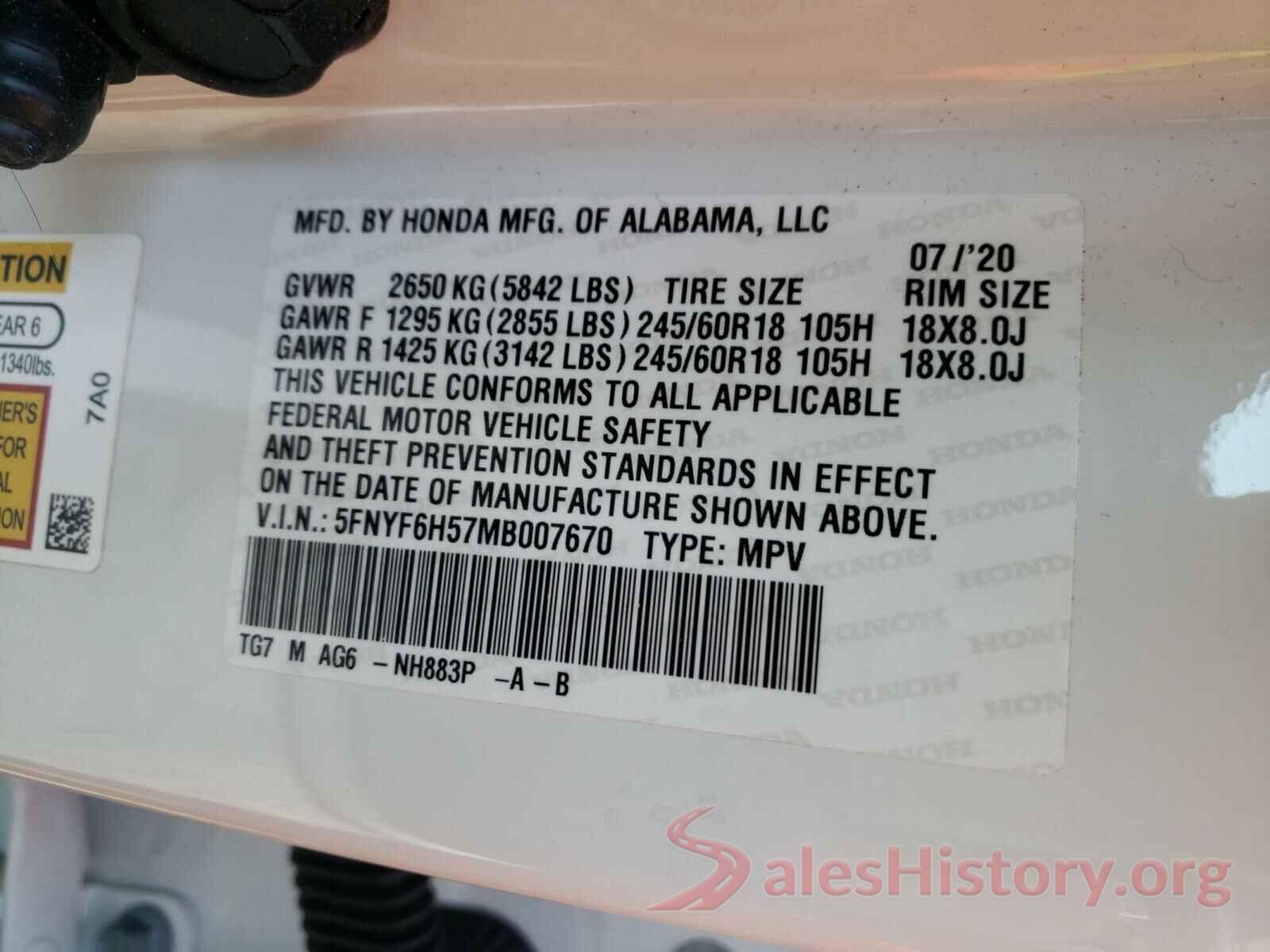 5FNYF6H57MB007670 2021 HONDA PILOT