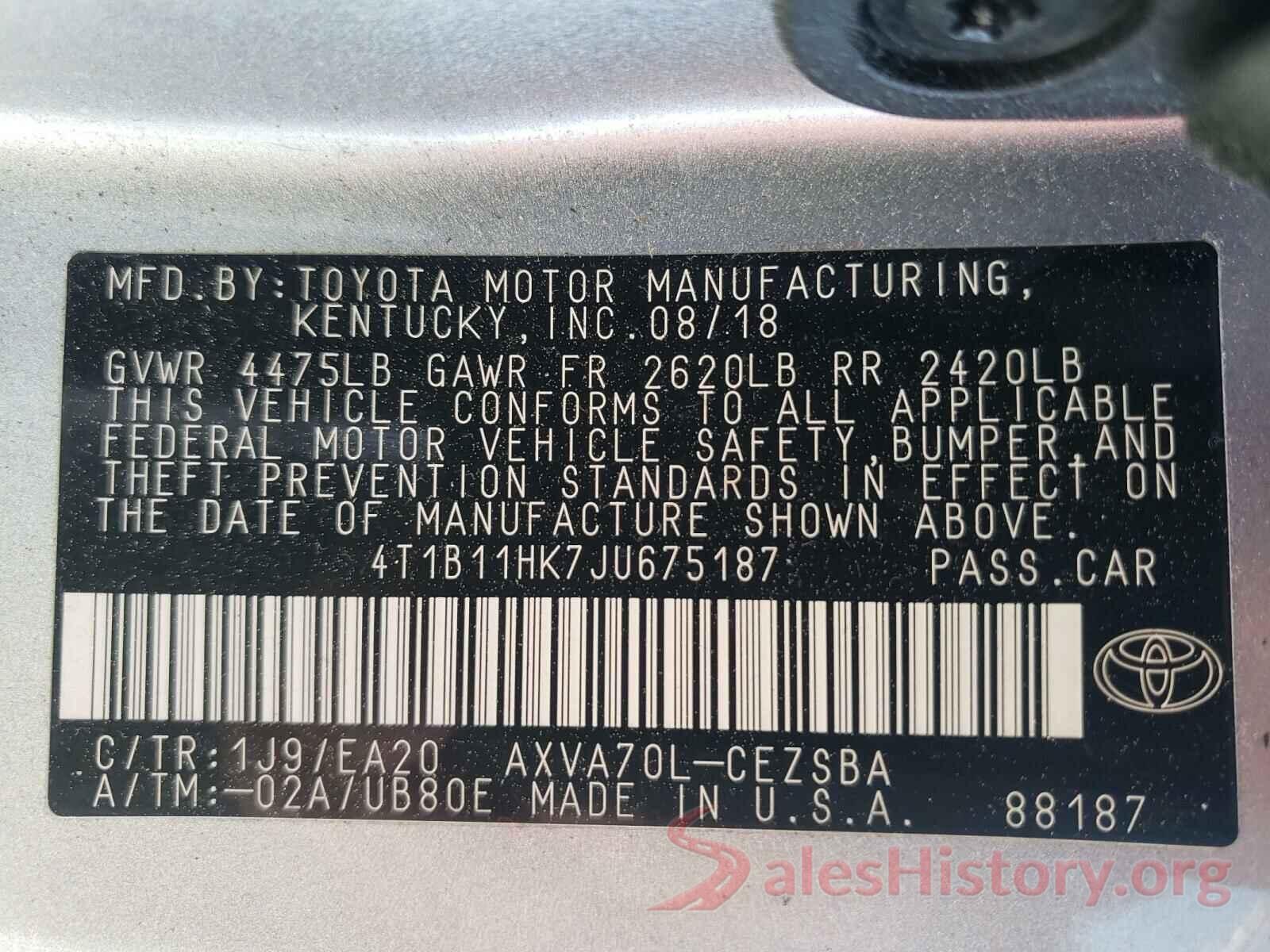 4T1B11HK7JU675187 2018 TOYOTA CAMRY