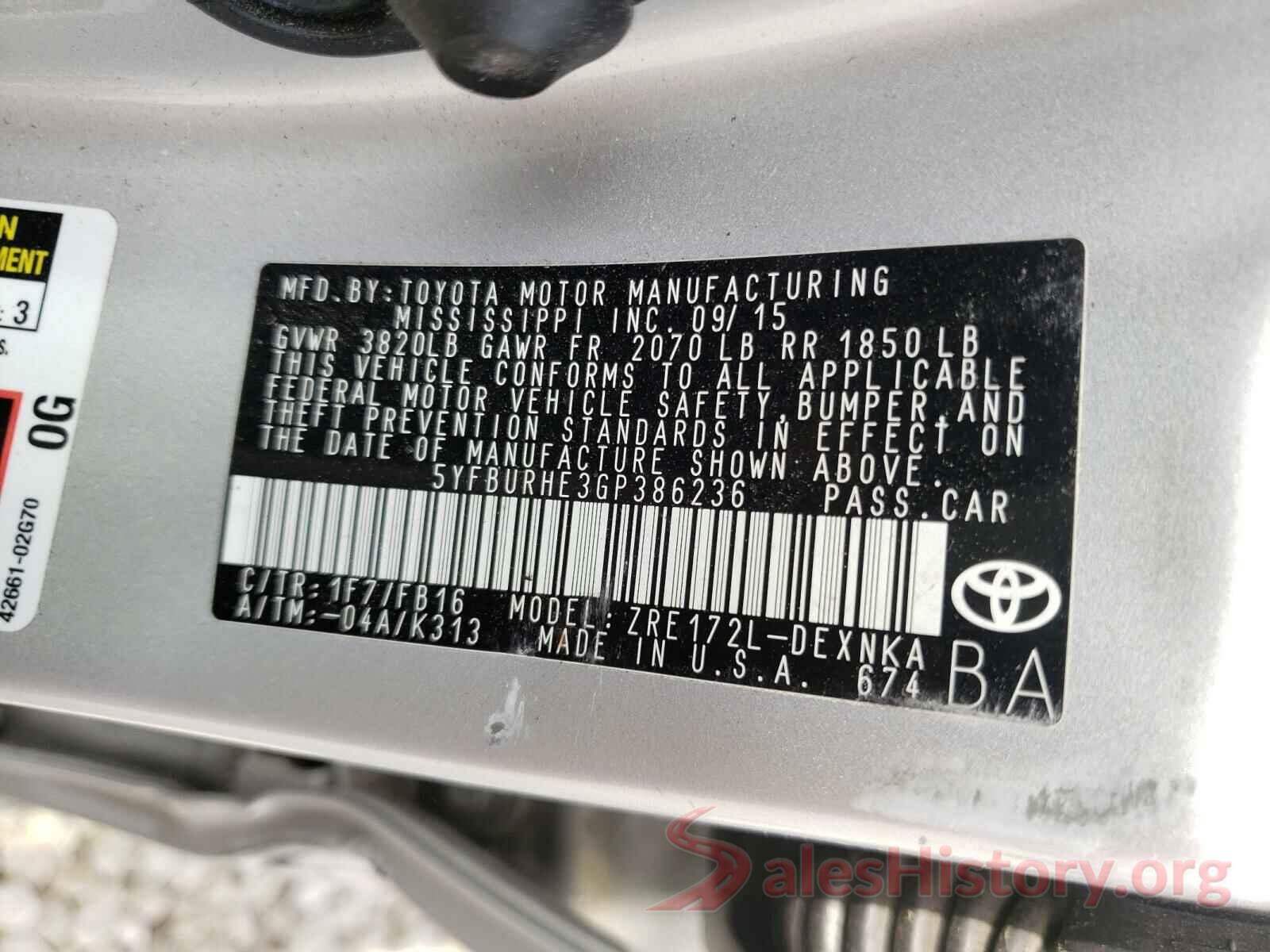 5YFBURHE3GP386236 2016 TOYOTA COROLLA