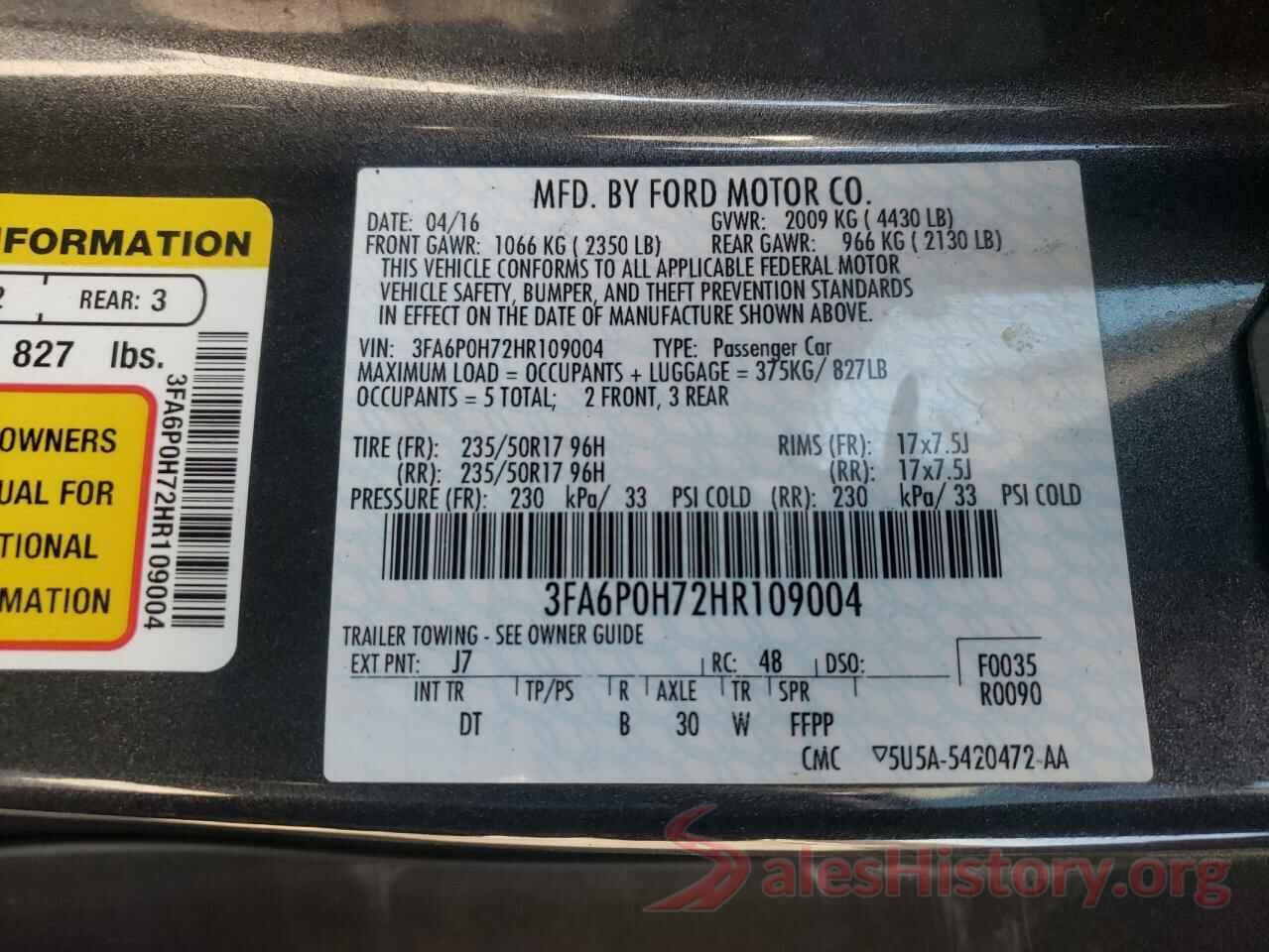 3FA6P0H72HR109004 2017 FORD FUSION