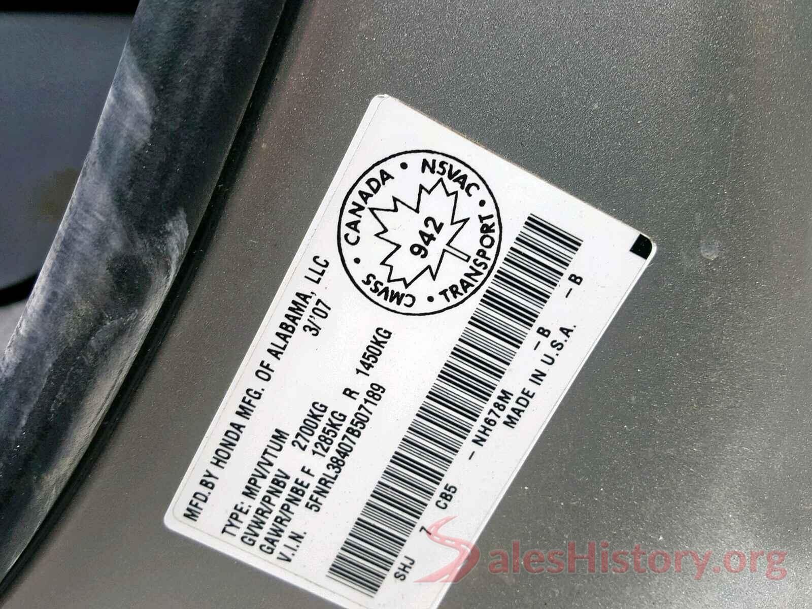 5FNRL38407B507189 2007 HONDA ODYSSEY EX