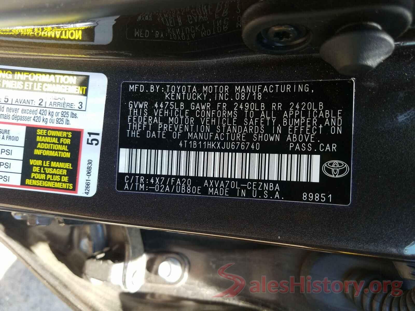 4T1B11HKXJU676740 2018 TOYOTA CAMRY