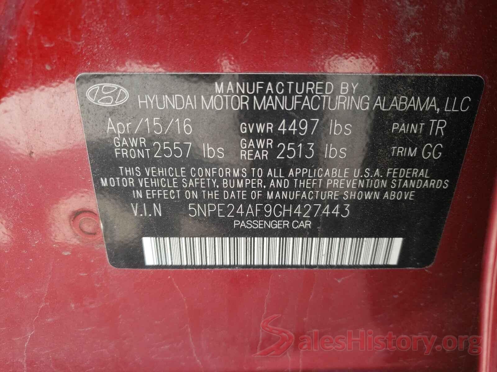 5NPE24AF9GH427443 2016 HYUNDAI SONATA