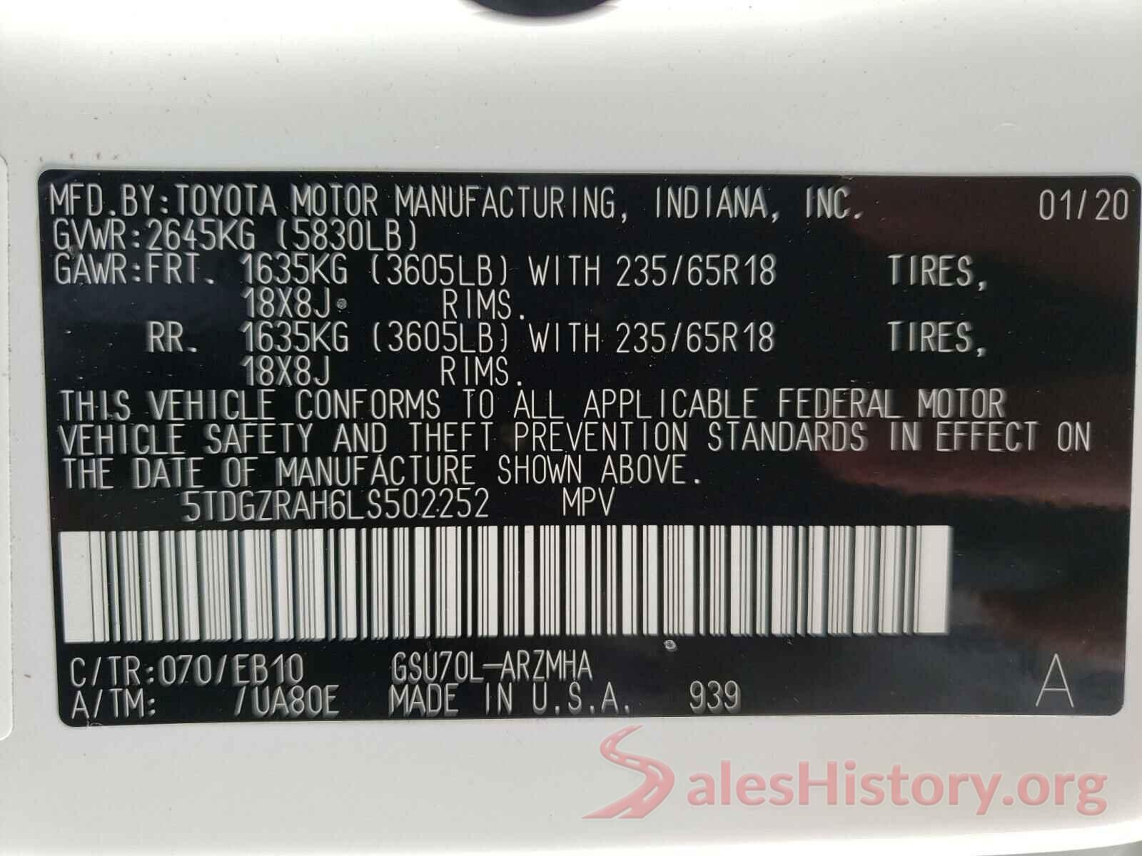 5TDGZRAH6LS502252 2020 TOYOTA HIGHLANDER