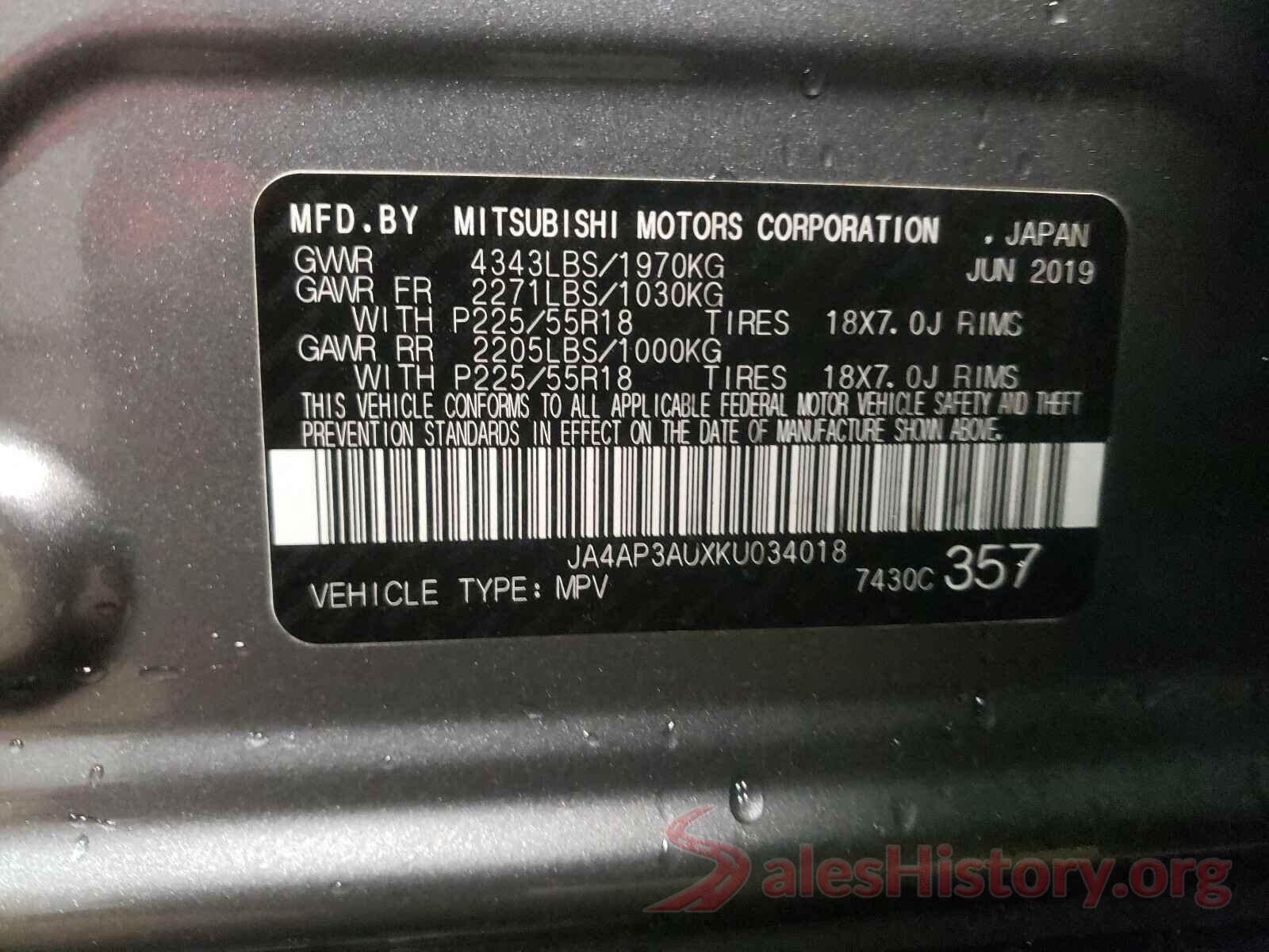 JA4AP3AUXKU034018 2019 MITSUBISHI OUTLANDER