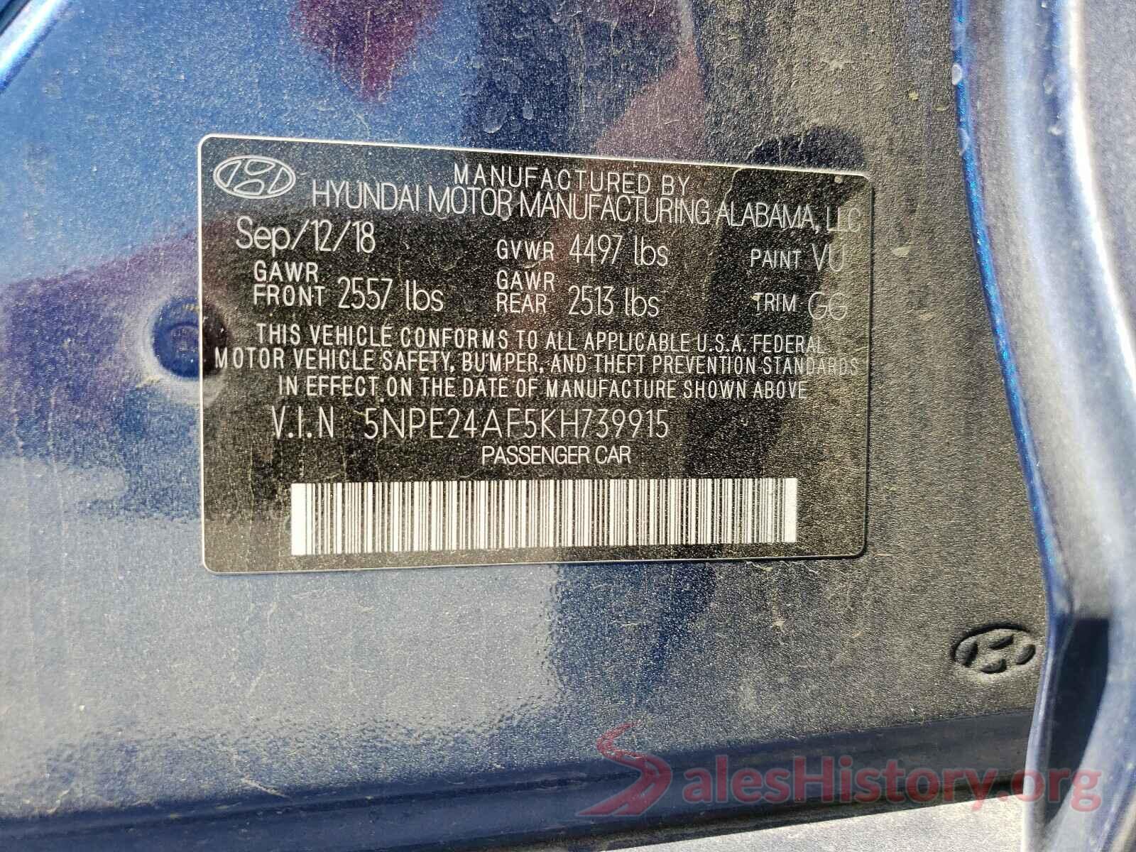 5NPE24AF5KH739915 2019 HYUNDAI SONATA