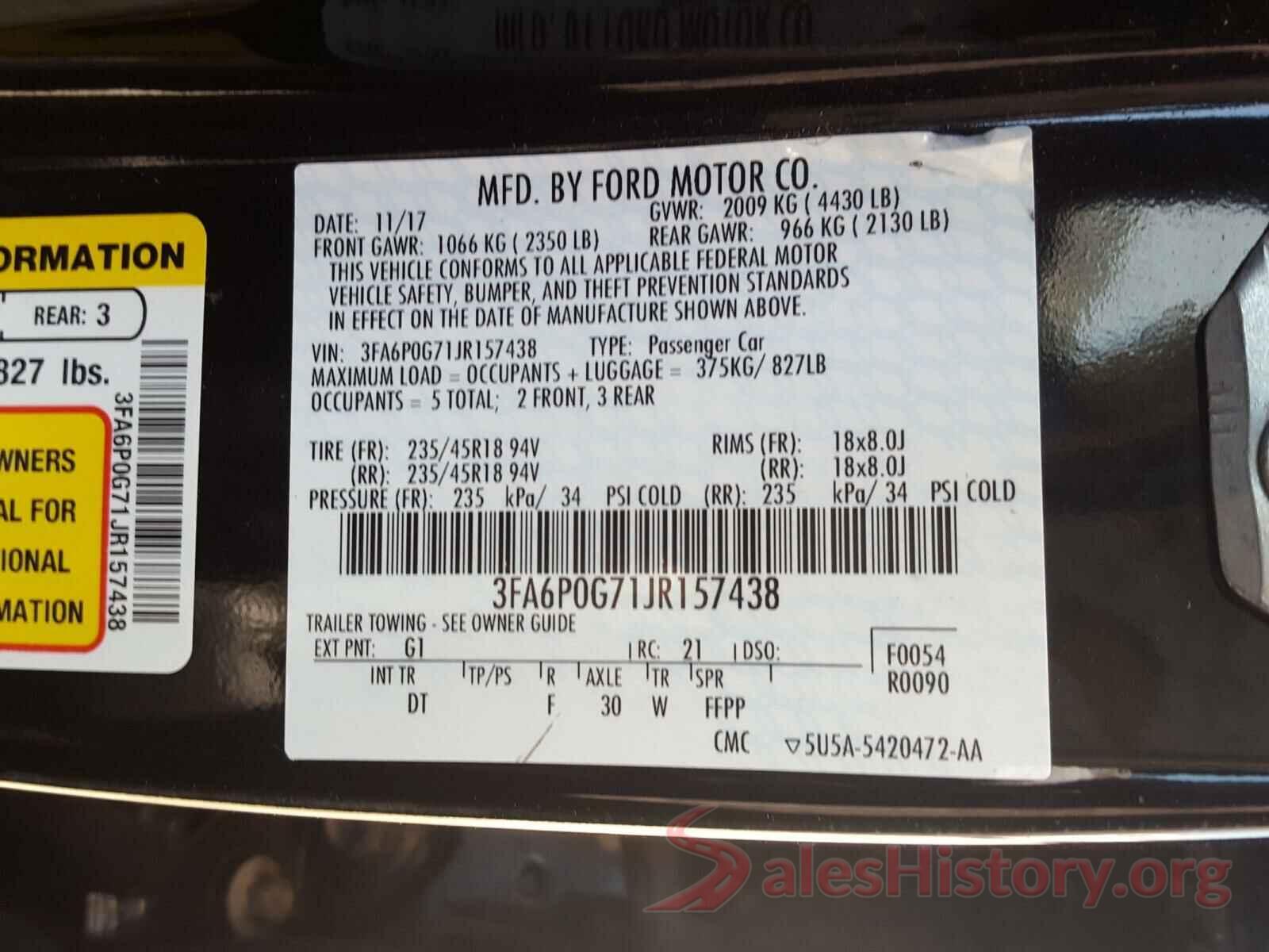 3FA6P0G71JR157438 2018 FORD FUSION