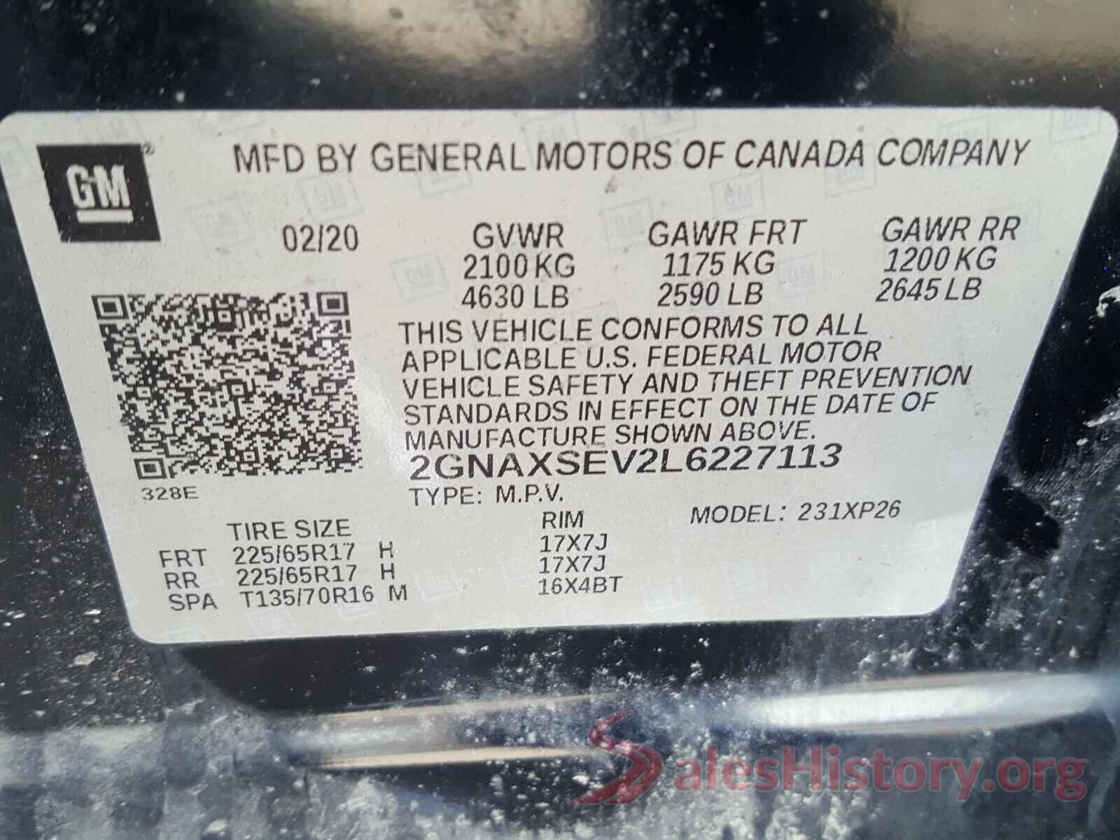 2GNAXSEV2L6227113 2020 CHEVROLET EQUINOX