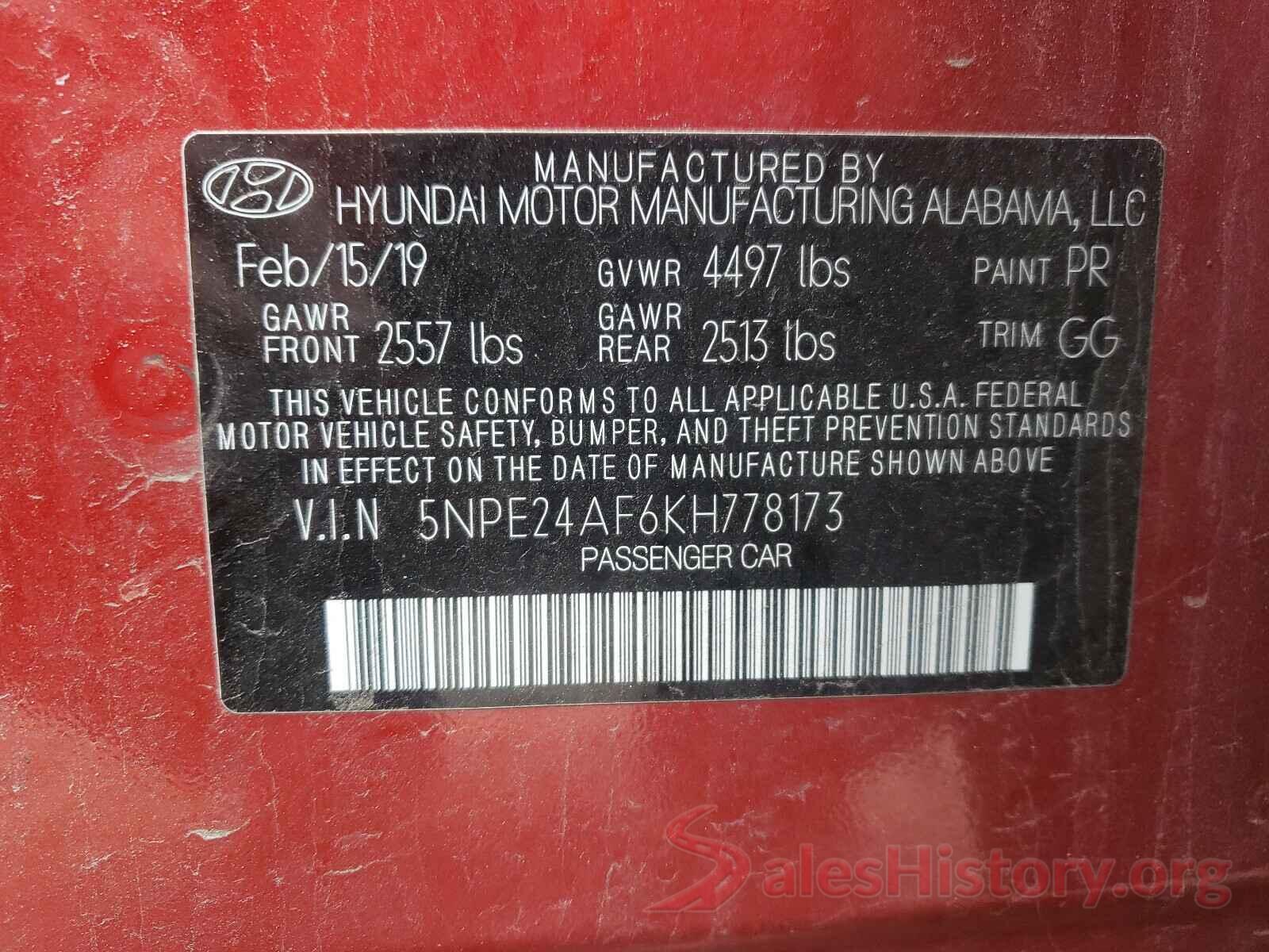 5NPE24AF6KH778173 2019 HYUNDAI SONATA