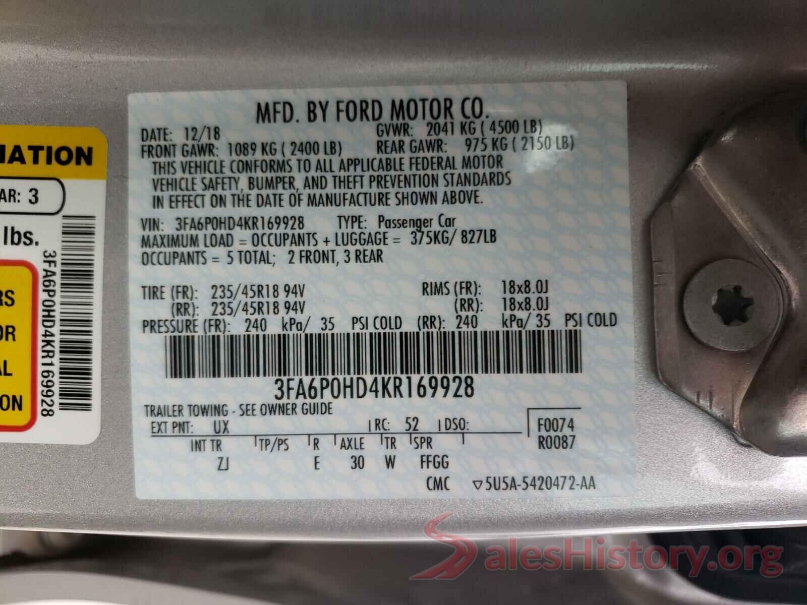 3FA6P0HD4KR169928 2019 FORD FUSION