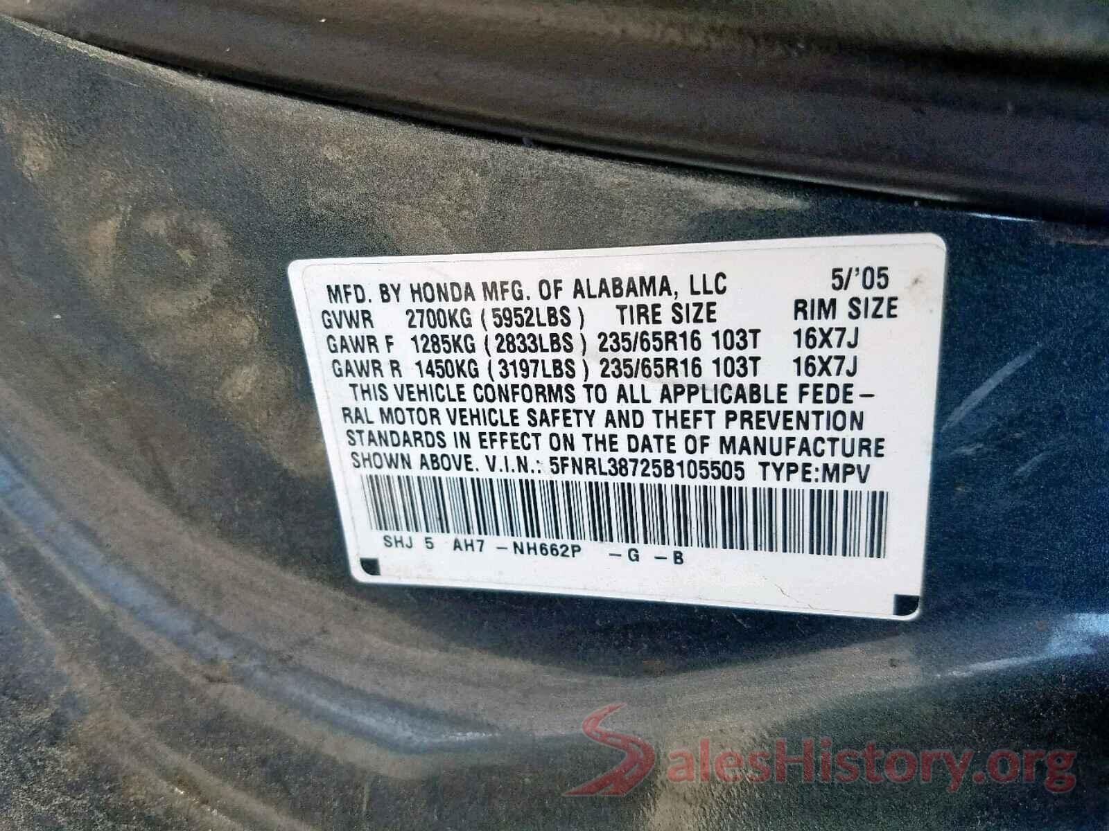 5FNRL38725B105505 2005 HONDA ODYSSEY EX