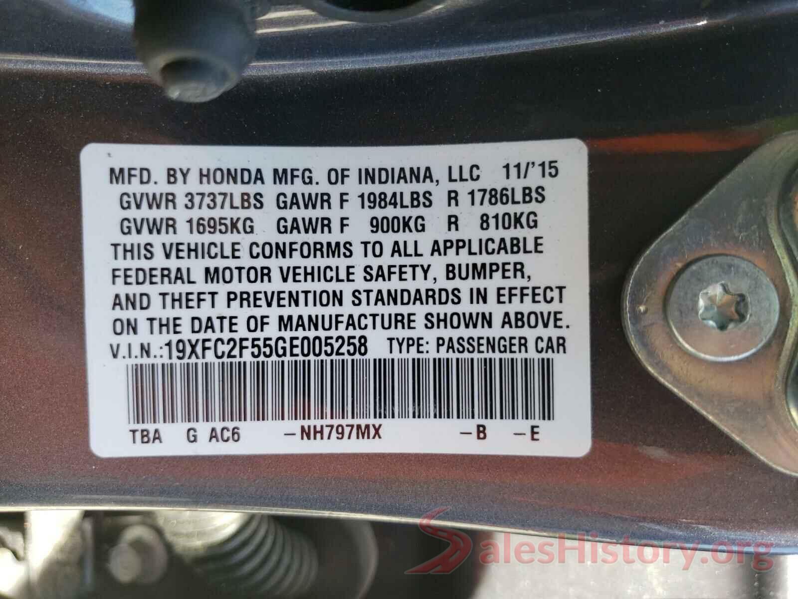 19XFC2F55GE005258 2016 HONDA CIVIC