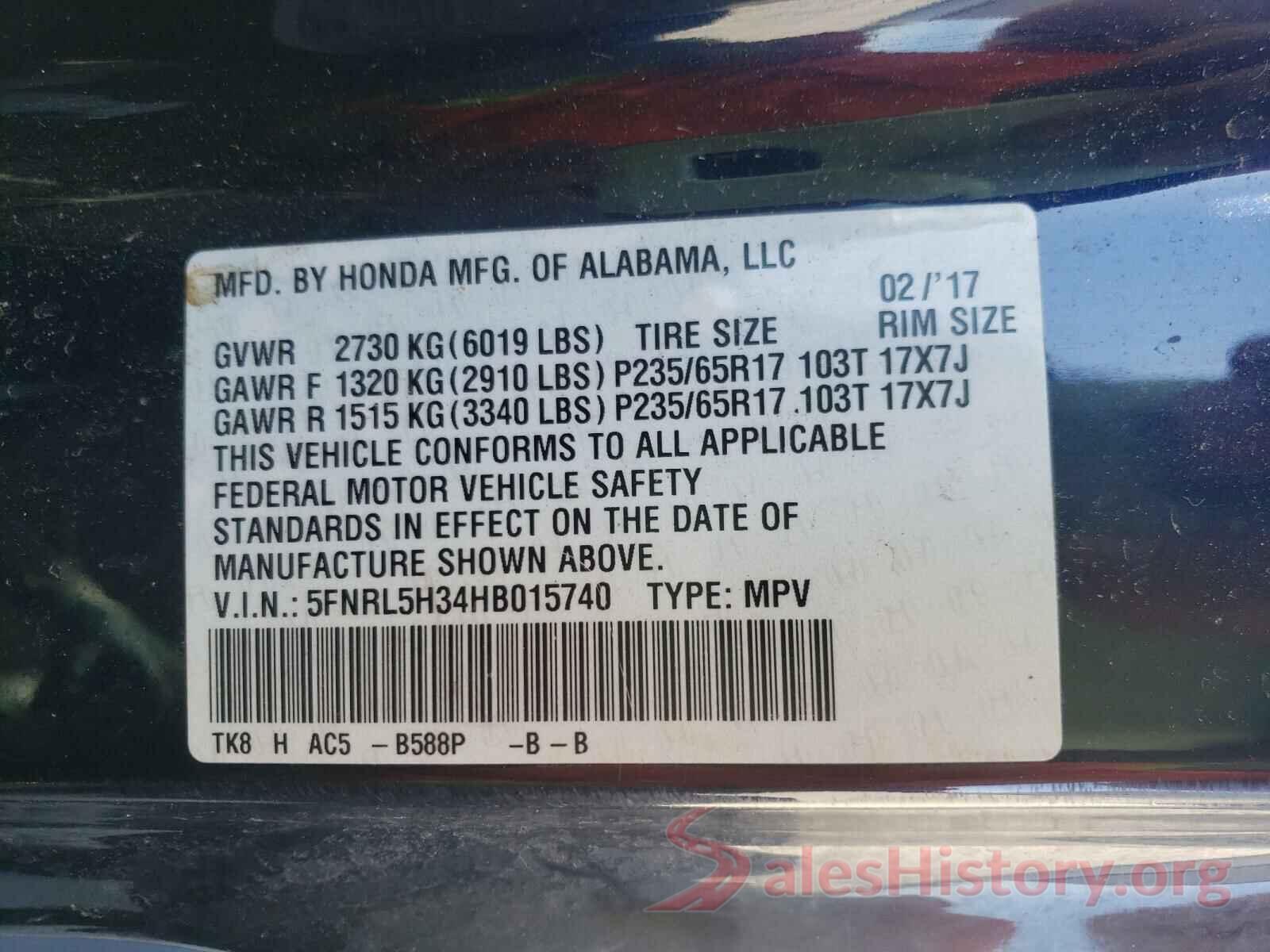 5FNRL5H34HB015740 2017 HONDA ODYSSEY