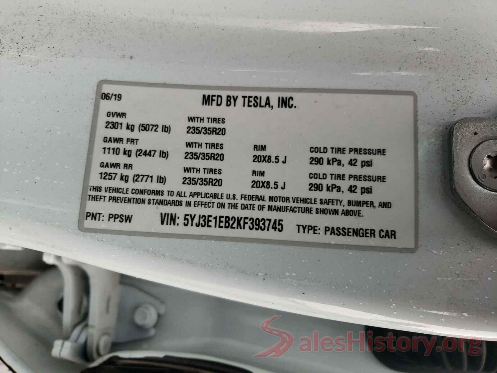 5YJ3E1EB2KF393745 2019 TESLA MODEL 3