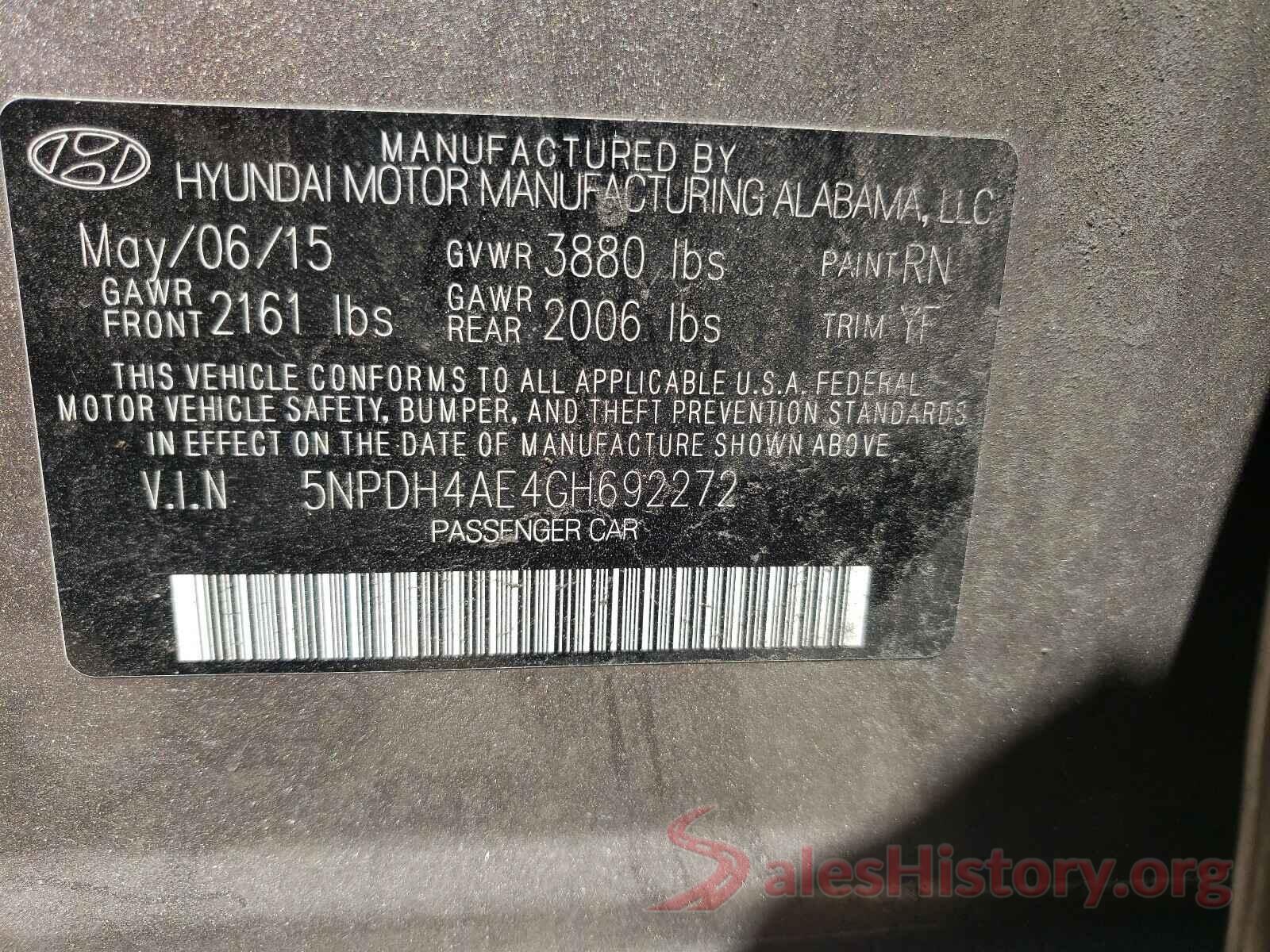 5NPDH4AE4GH692272 2016 HYUNDAI ELANTRA