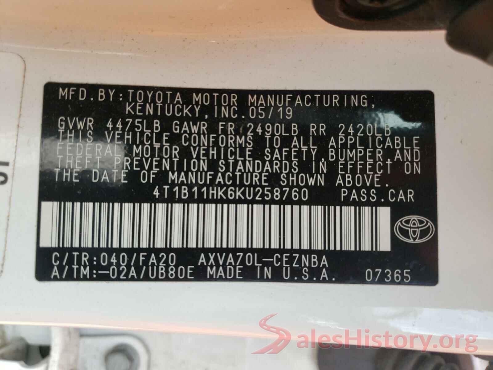 4T1B11HK6KU258760 2019 TOYOTA CAMRY