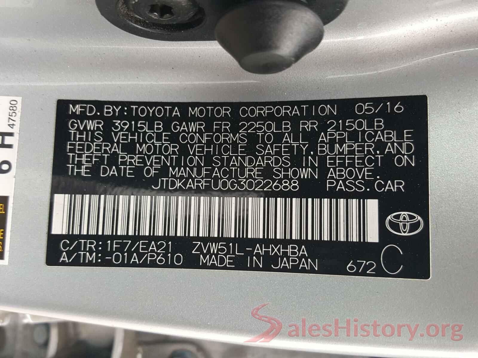 JTDKARFU0G3022688 2016 TOYOTA PRIUS