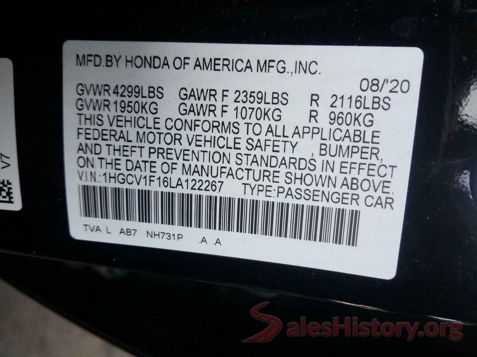 1HGCV1F16LA122267 2020 HONDA ACCORD