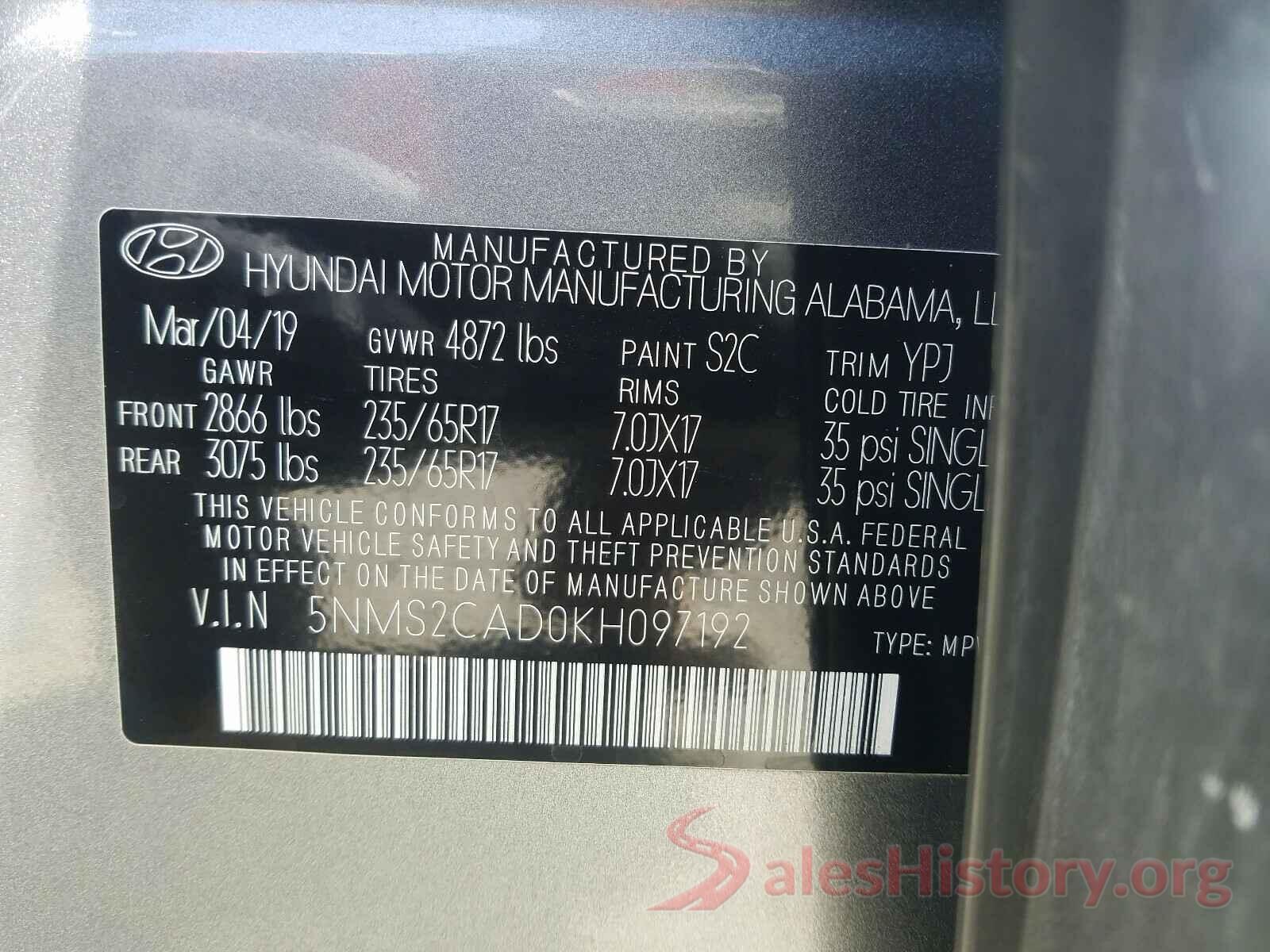 5NMS2CAD0KH097192 2019 HYUNDAI SANTA FE