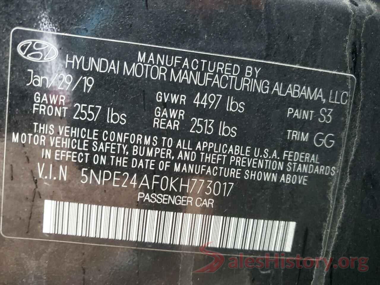 5NPE24AF0KH773017 2019 HYUNDAI SONATA