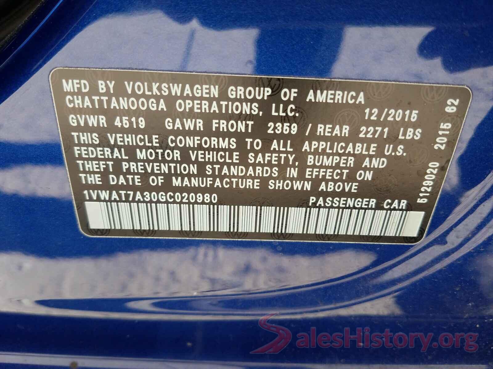 1VWAT7A30GC020980 2016 VOLKSWAGEN PASSAT