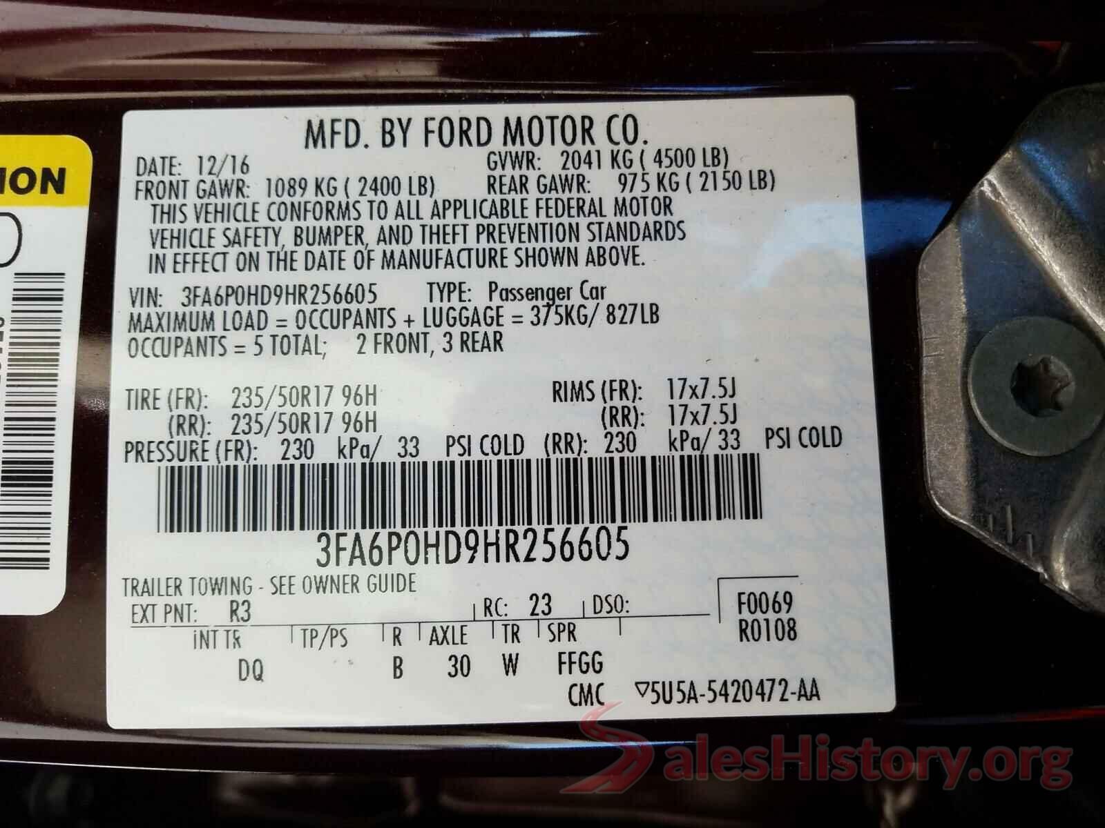 3FA6P0HD9HR256605 2017 FORD FUSION