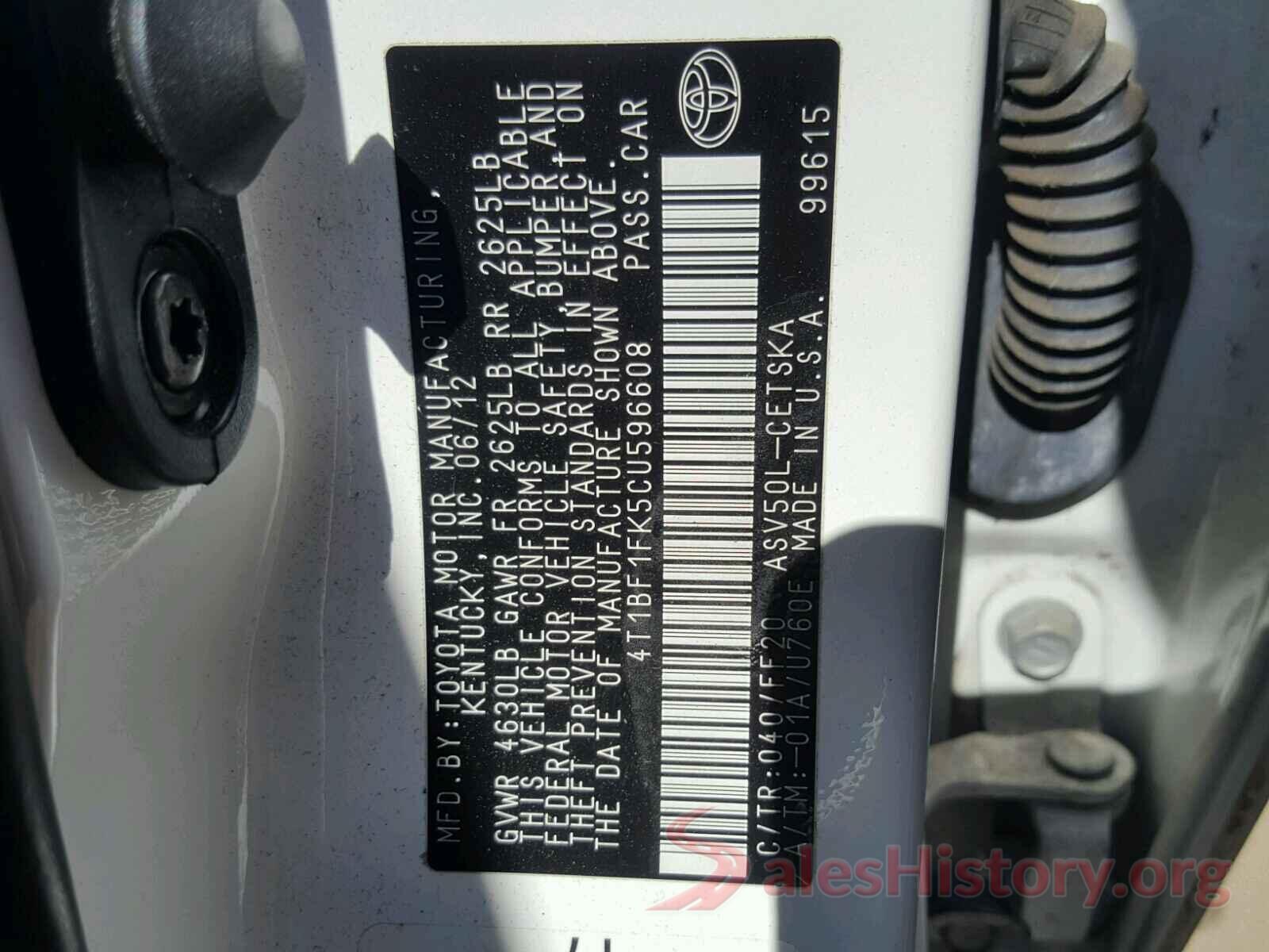 4T1BF1FK5CU596608 2012 TOYOTA CAMRY BASE