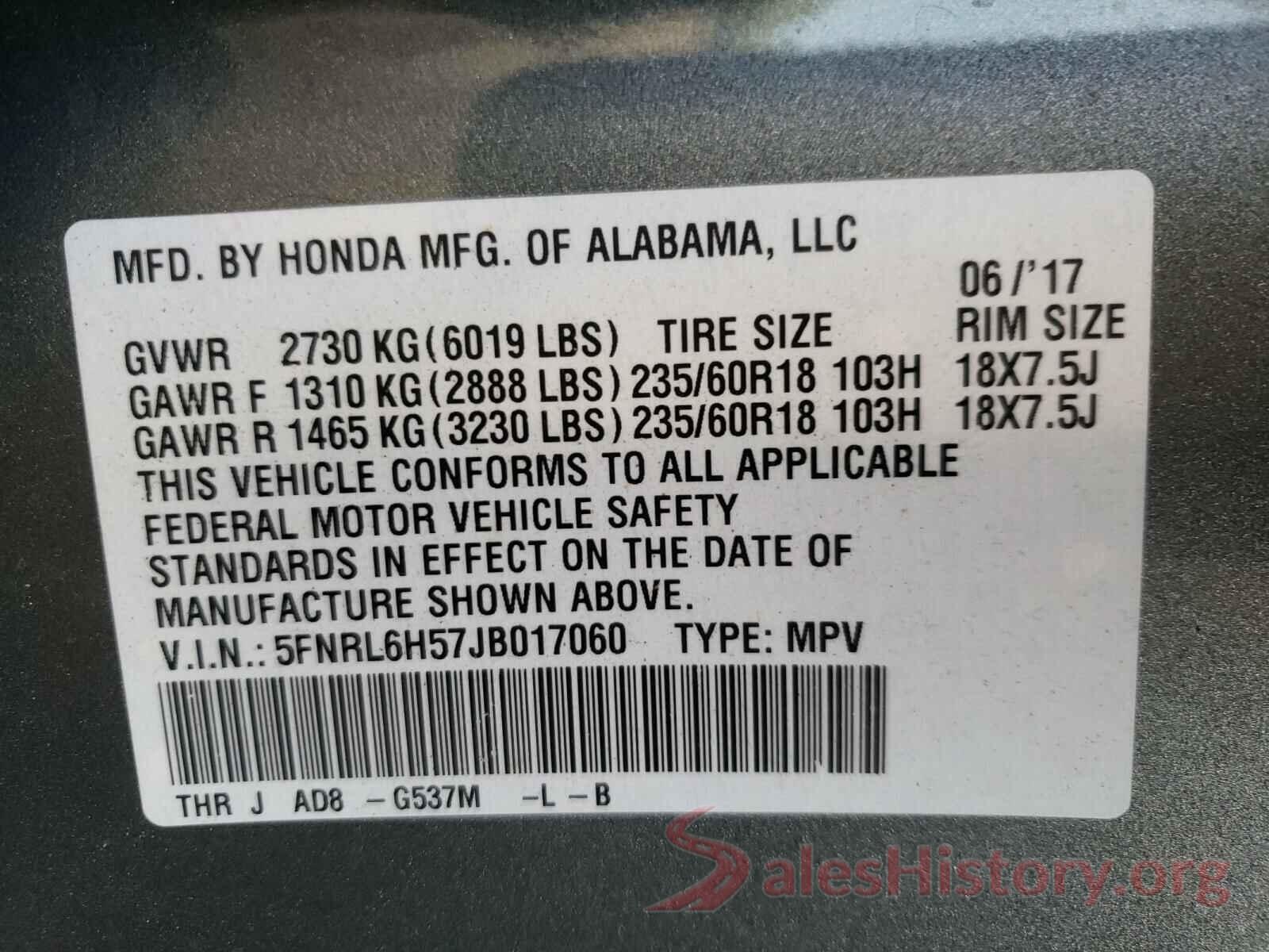 5FNRL6H57JB017060 2018 HONDA ODYSSEY