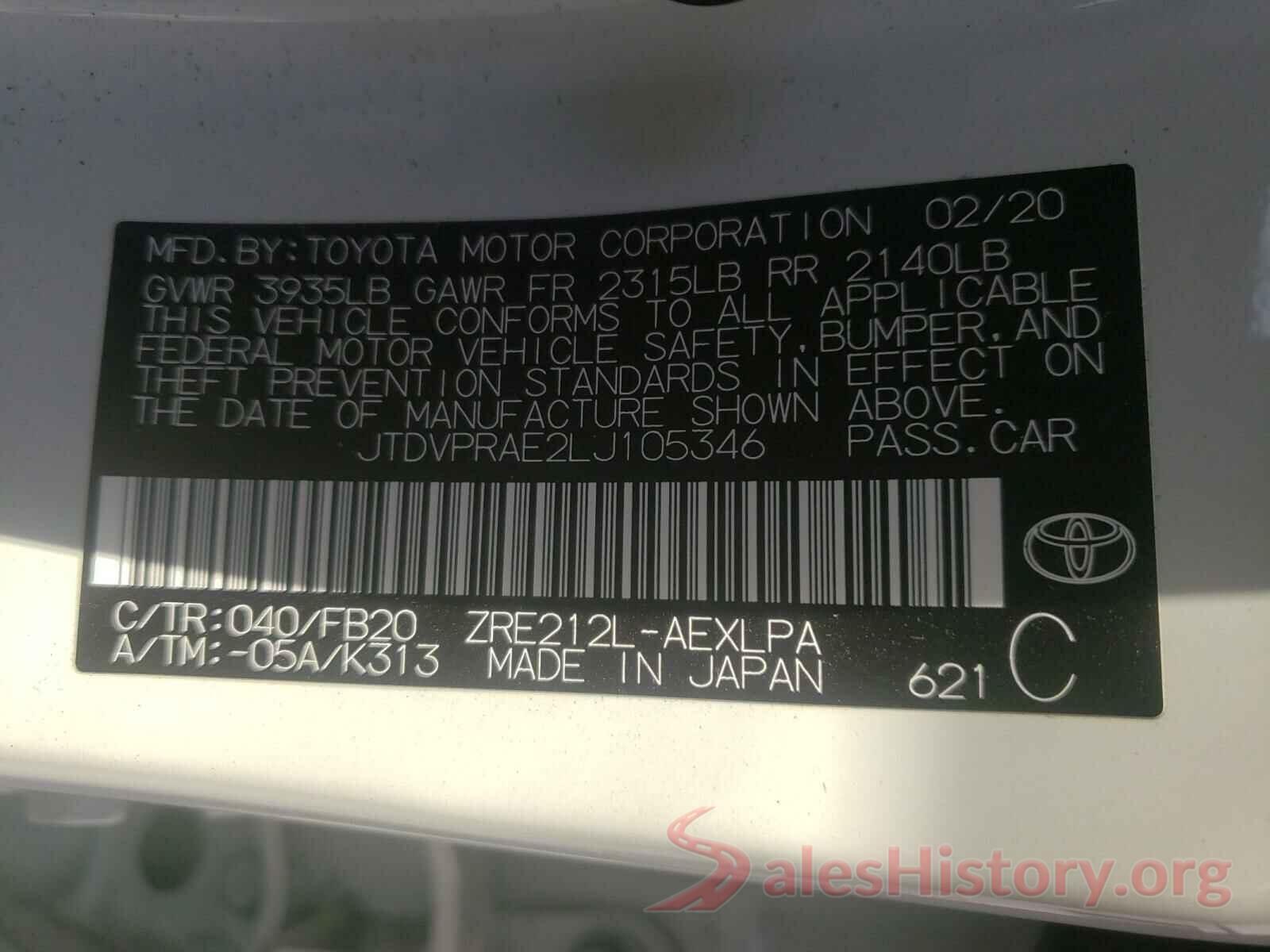 JTDVPRAE2LJ105346 2020 TOYOTA COROLLA