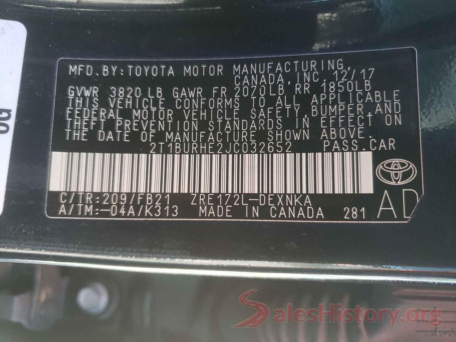 2T1BURHE2JC032652 2018 TOYOTA COROLLA