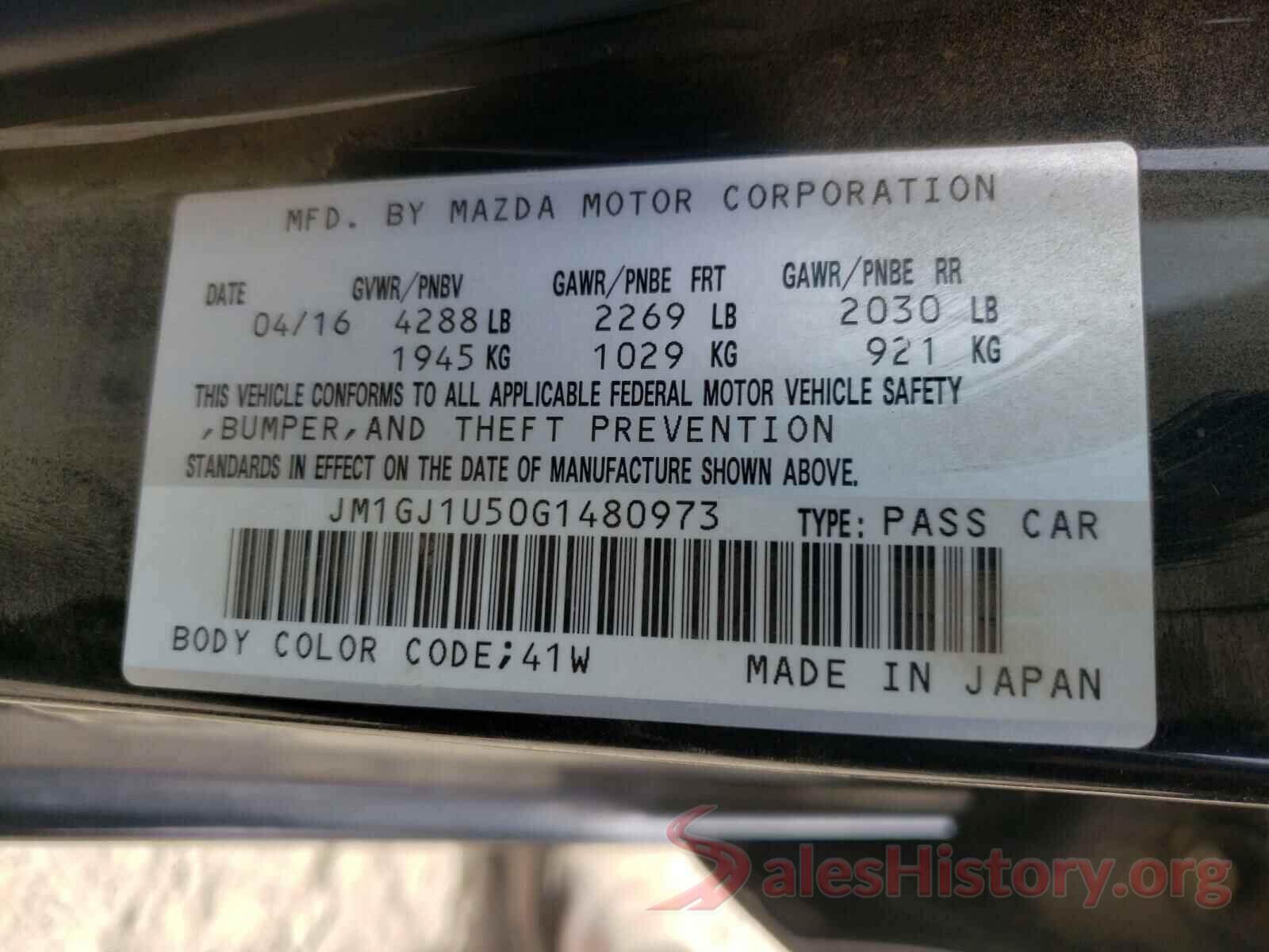 JM1GJ1U50G1480973 2016 MAZDA 6