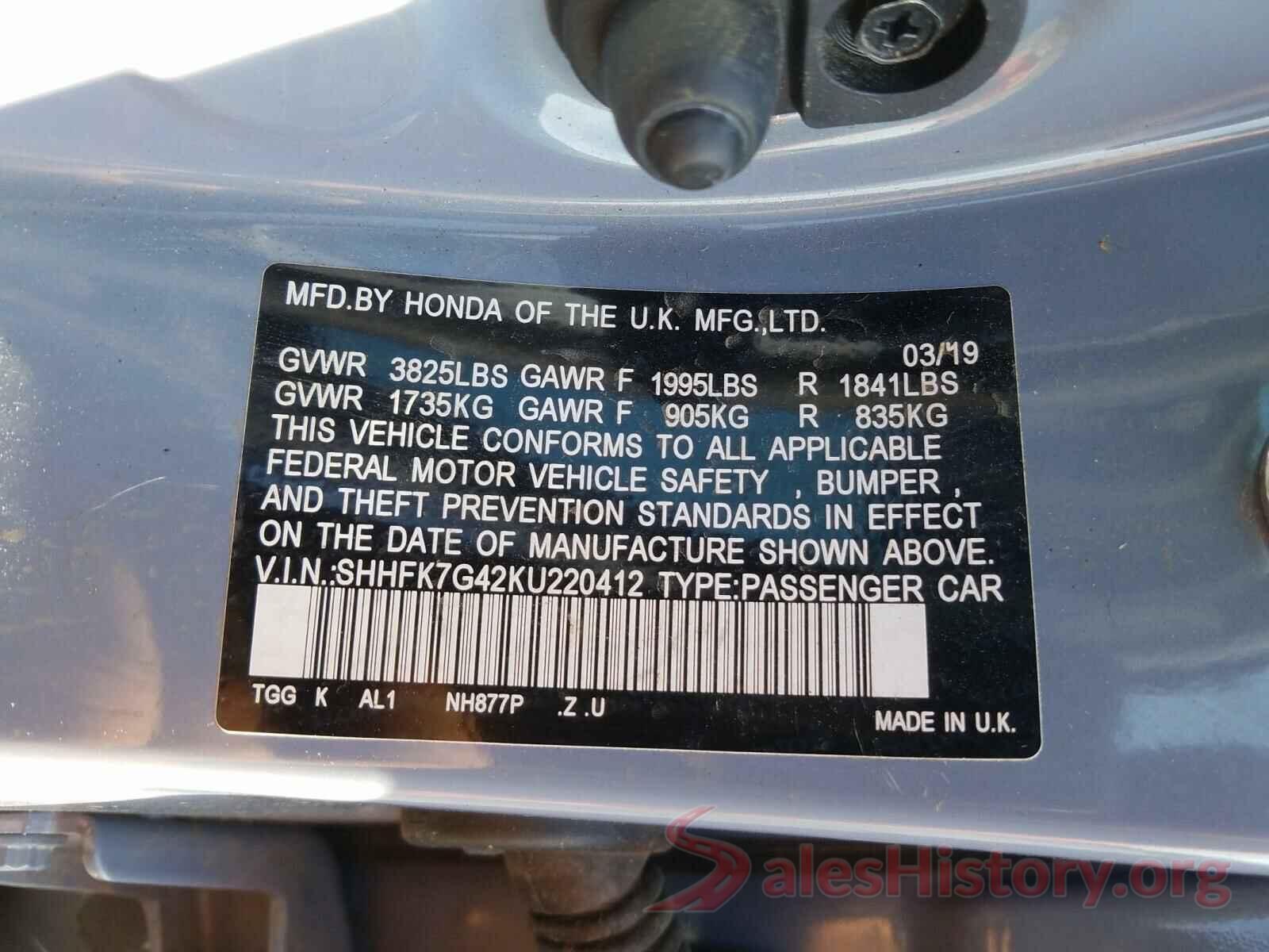 SHHFK7G42KU220412 2019 HONDA CIVIC