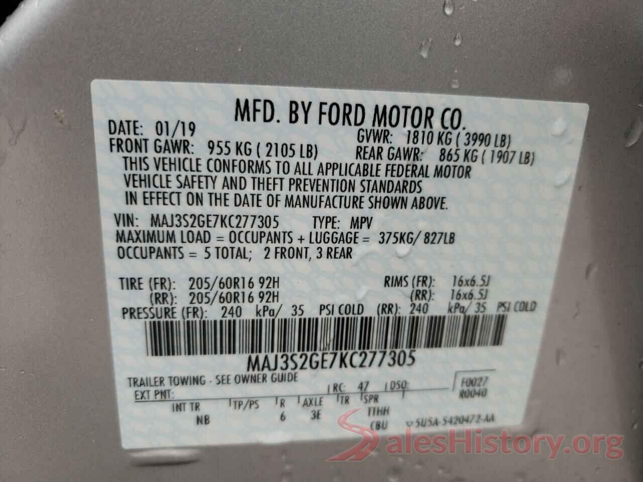 MAJ3S2GE7KC277305 2019 FORD ALL OTHER