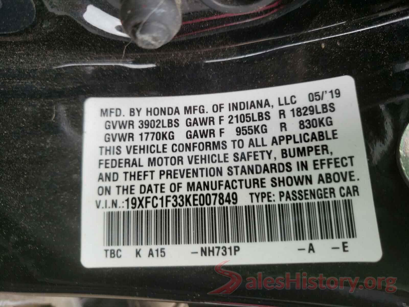 19XFC1F33KE007849 2019 HONDA CIVIC