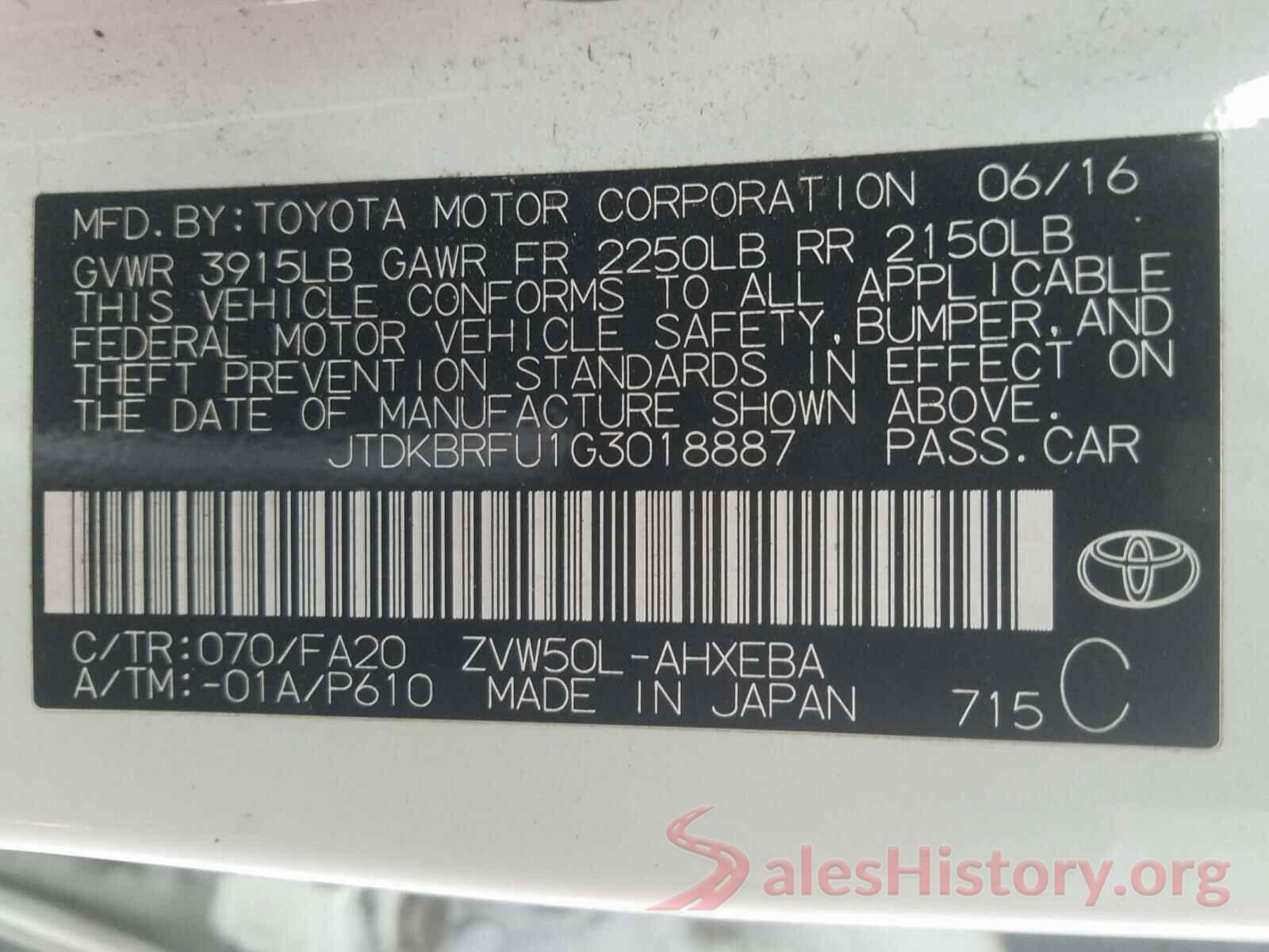 JTDKBRFU1G3018887 2016 TOYOTA PRIUS