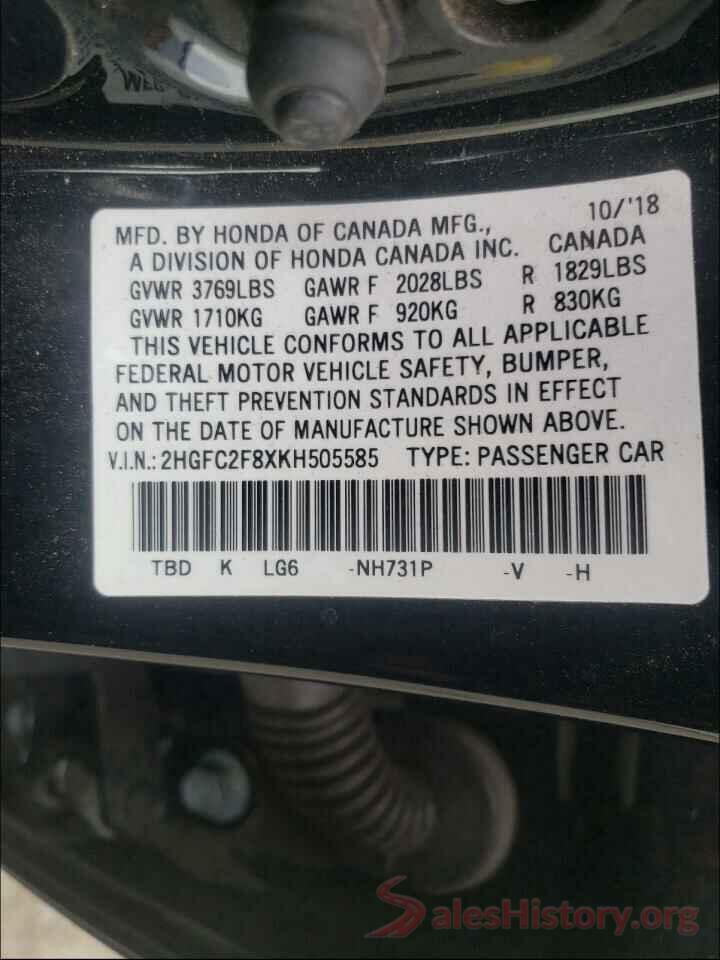 2HGFC2F8XKH505585 2019 HONDA CIVIC