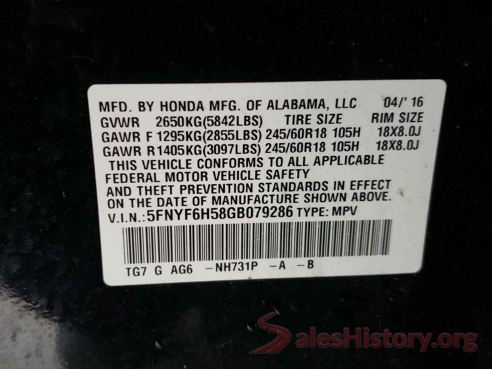 5FNYF6H58GB079286 2016 HONDA PILOT