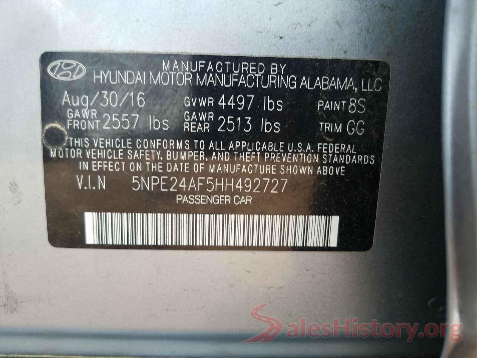 5NPE24AF5HH492727 2017 HYUNDAI SONATA