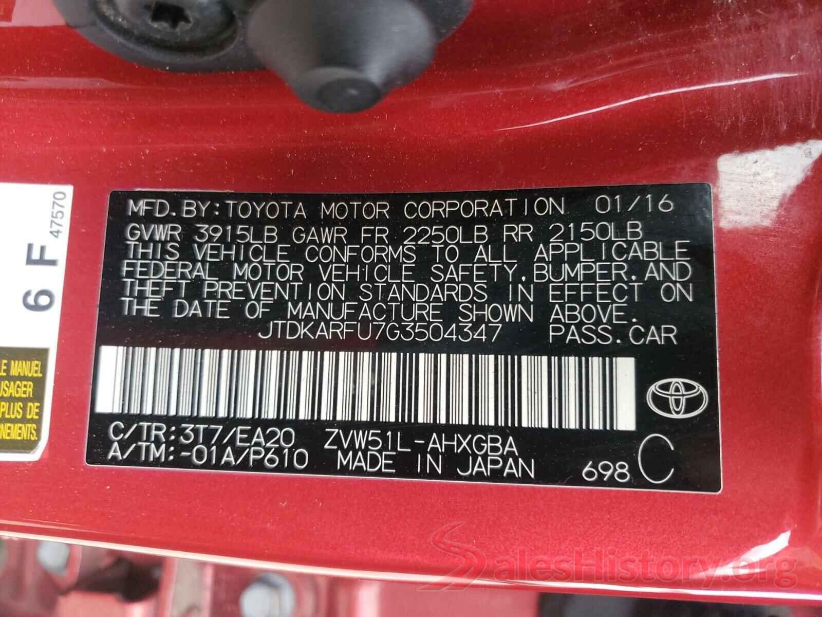 JTDKARFU7G3504347 2016 TOYOTA PRIUS