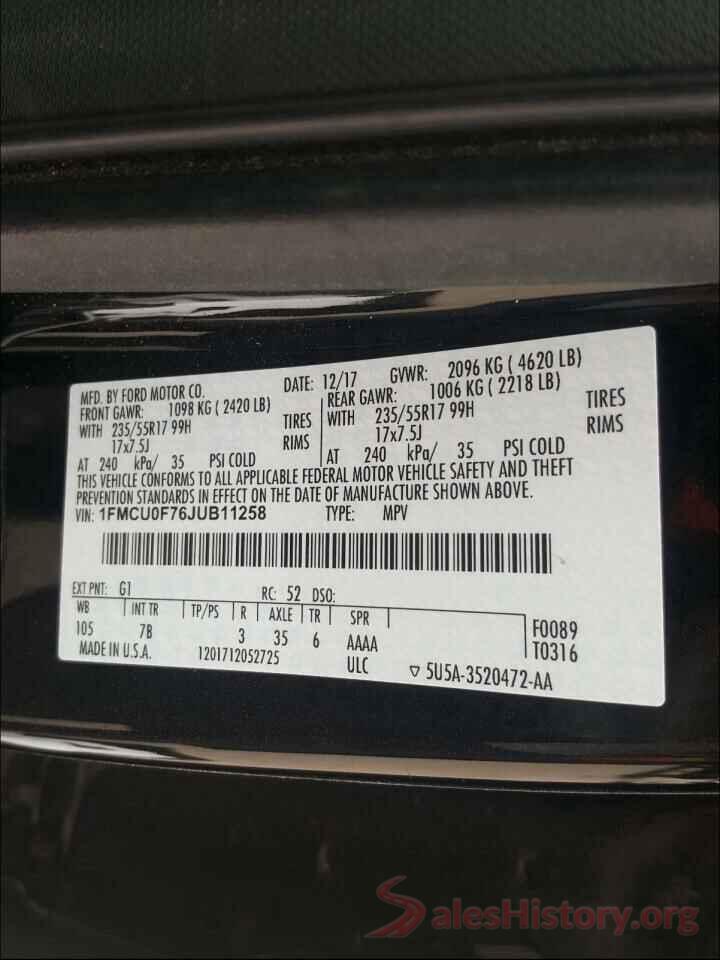 1FMCU0F76JUB11258 2018 FORD ESCAPE