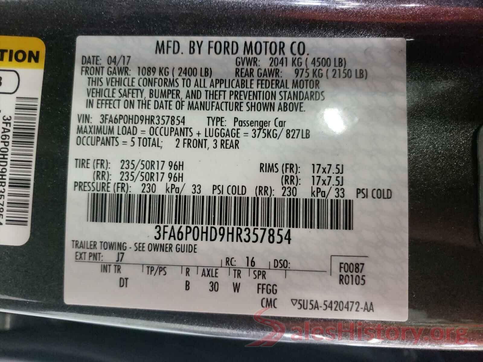 3FA6P0HD9HR357854 2017 FORD FUSION