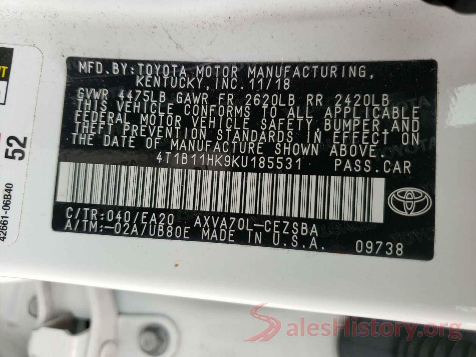 4T1B11HK9KU185531 2019 TOYOTA CAMRY