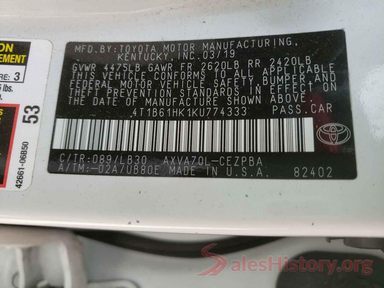 4T1B61HK1KU774333 2019 TOYOTA CAMRY